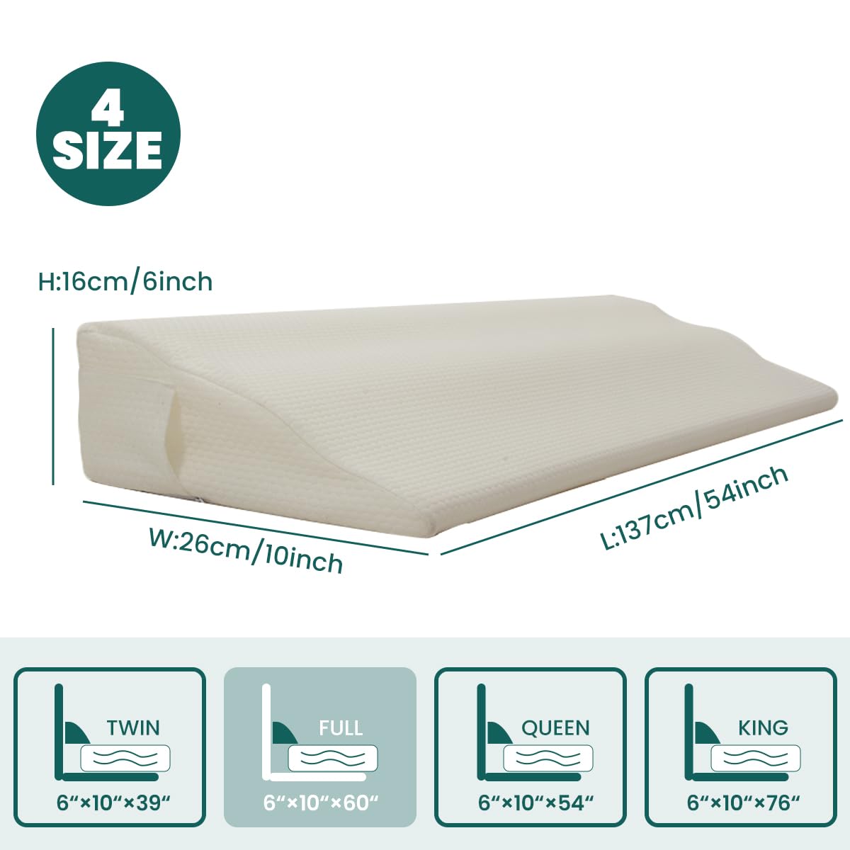 CHERRYARN King Size Headboard Wedge Pillow – Ergonomic Incline Foam Cushion for Back, Neck & Shoulder Support, High-Resilience Daybed Pillow with Washable Anti-Pilling Cover, White 76"x11.8"x19.68"