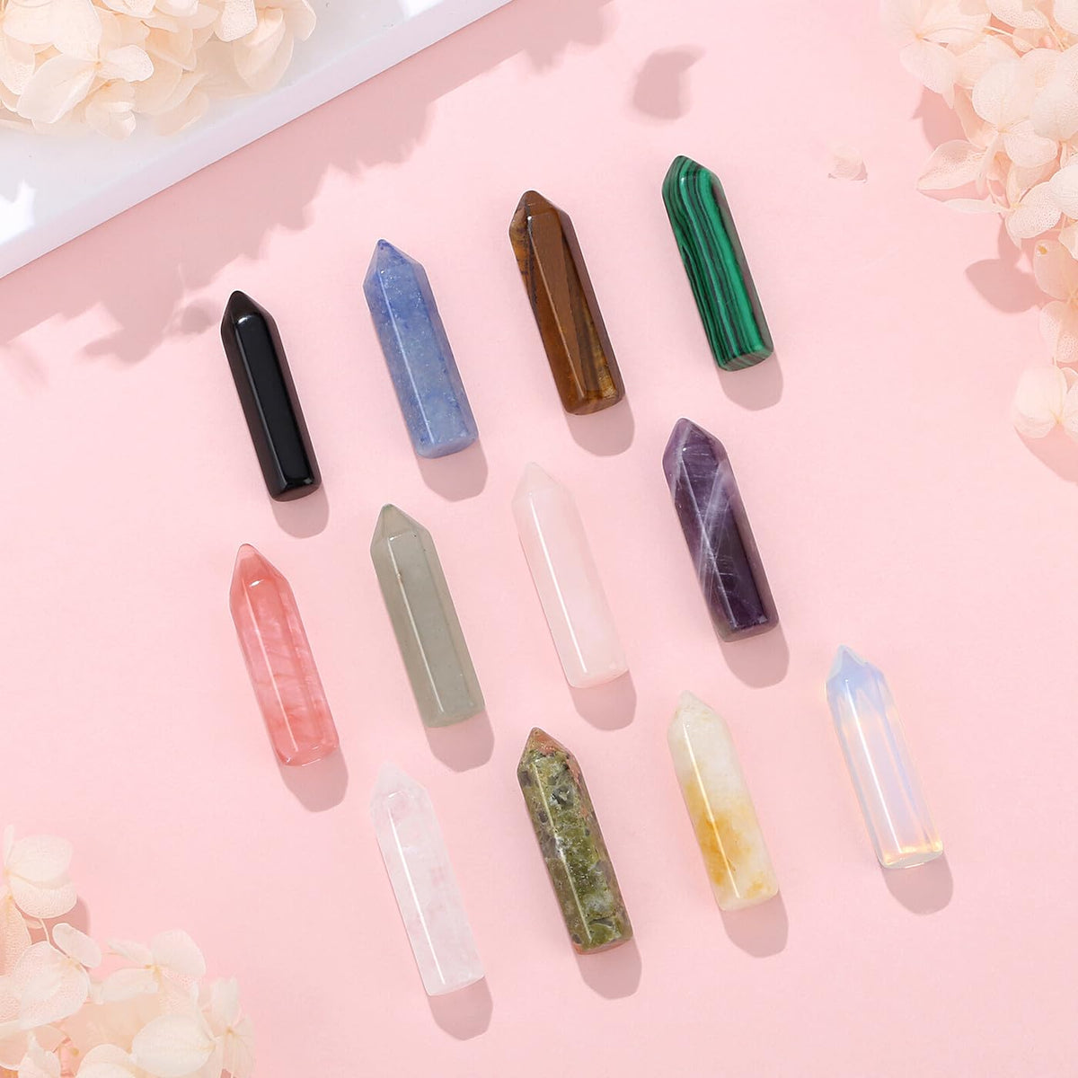 DUQGUHO Tower Crystals and Healing Stones 1 inch Crystal Tower Ornaments Set Energy Balancing Gemstones Meditation Polished Stone Christmas Ornaments Crystal Gifts for Women 12PCS