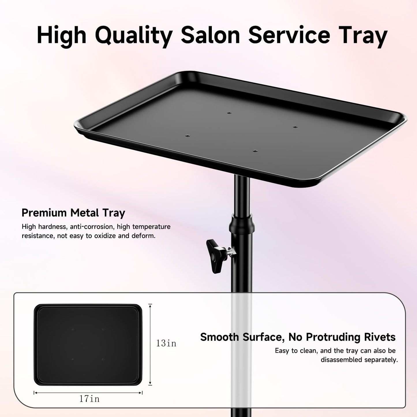 Salon Cart With Adjustable Height Tray on Wheels - Rolling Trolley for Tattoo, Spa, Dental, Hairstylist - Black