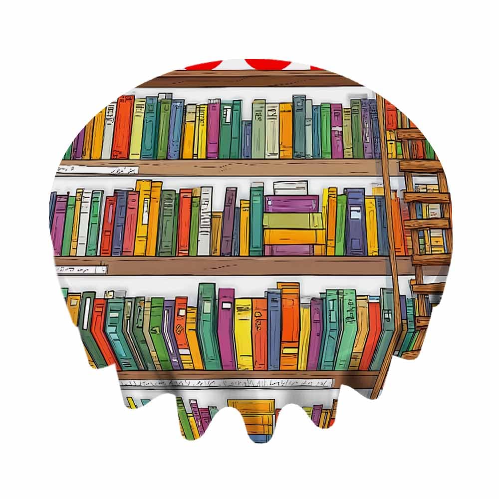 AnBuPan Bookshelf with So Many Books Round Tablecloths 60 Inch Library Bookshelves Books and Ladder Clear Table Cover Protector Fitted Home Kitchen Dinner Outdoor Picnic Party Decorations
