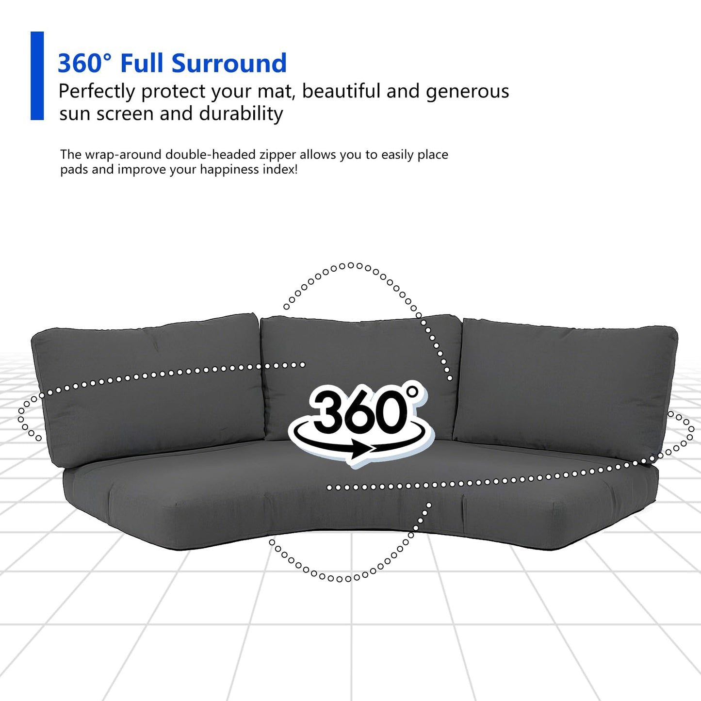 MFPMTUXO Outdoor Curved Sofa Cushion Cover with Zipper & Anti-Slip Particles, Half Moon Patio Furniture Cushions Covers Waterproof, Olefin Fabric-ONLY Cover (Dark Grey, 77/40 * 28 * 5.3inch)