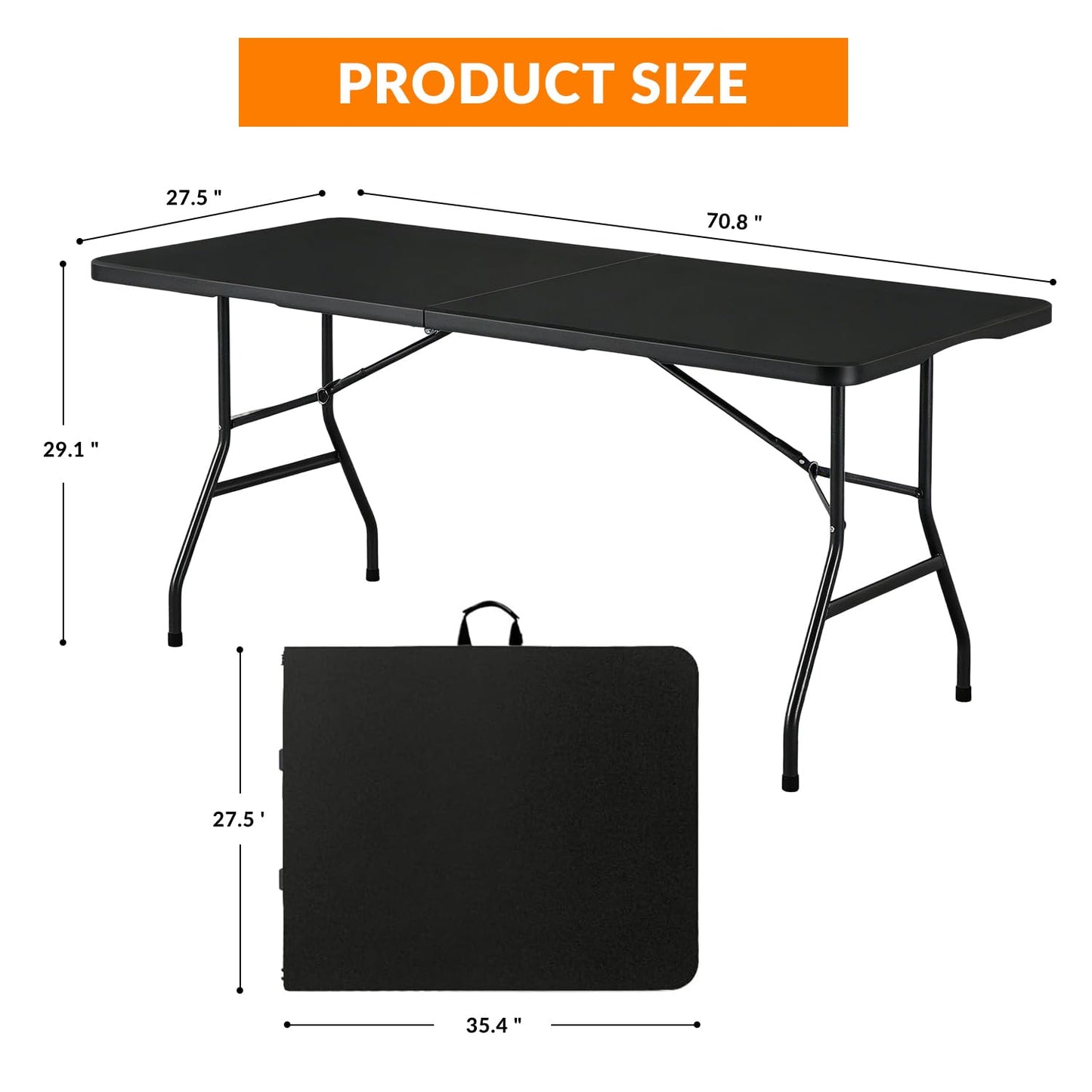 Lakhow Folding Table 6ft Heavy Duty Portable Plastic Fold-in-Half 6 Foot Foldable Table Indoor Outdoor with Parties, Camping Picnic,Folds in Half for Easy Storage, No Assembly Required, Black