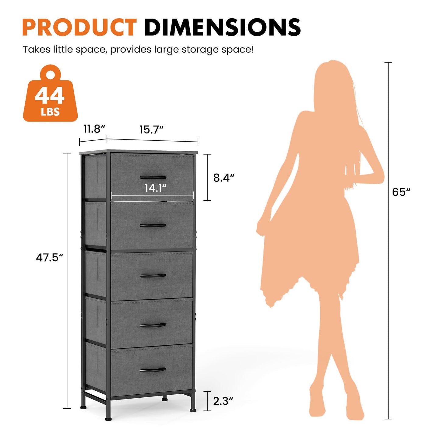 Sweetcrispy 5 Drawer Dresser with Fabric Bins Steel Frame Wood top Storage Chest for Bedroom Closet Hallway Gray Compact Organizer Durable Home Storage Solution