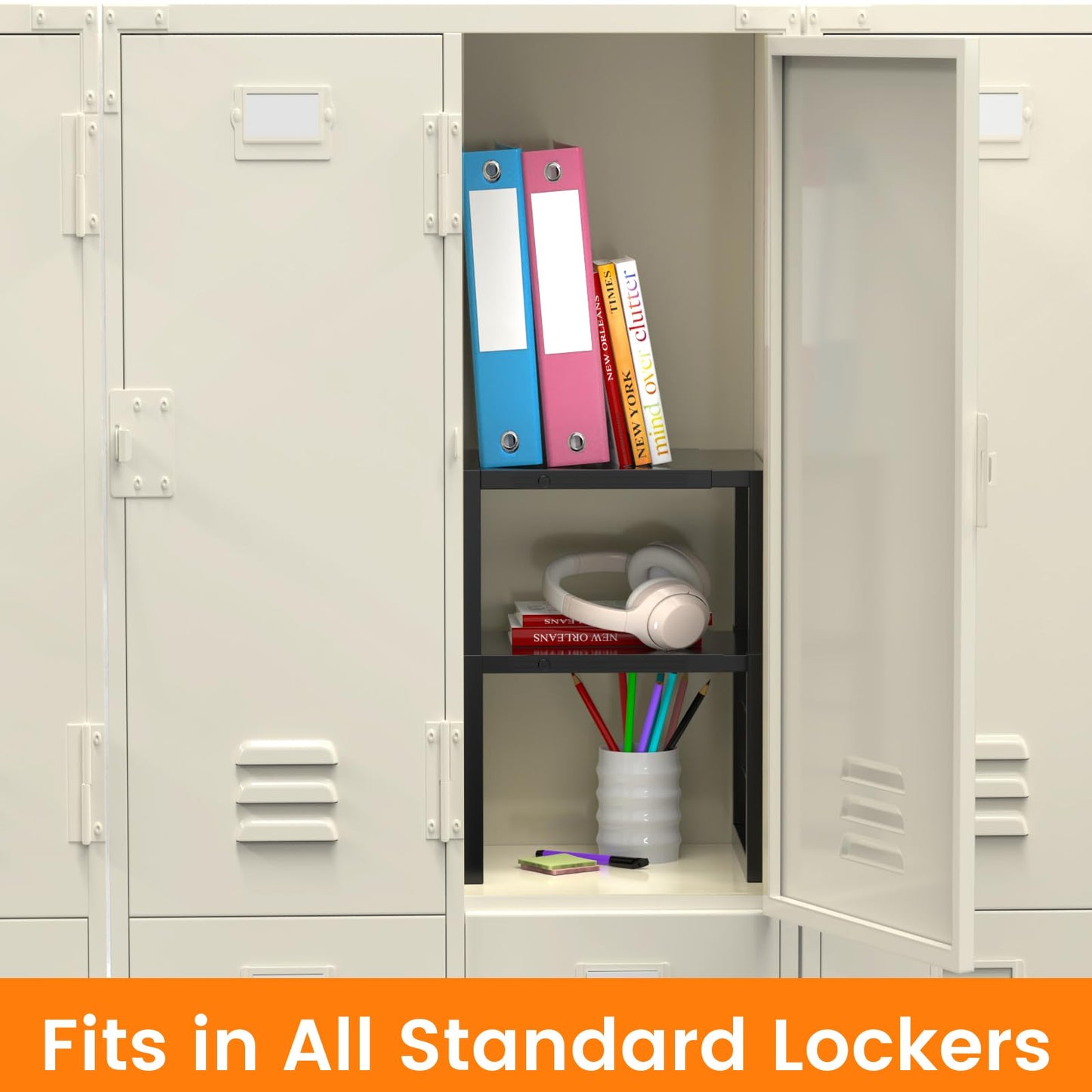 Locker Organizer Shelf School, Adjustable Width and Height, Stackable Metal Locker Storage Organization, Ideal Locker Fits Standard Size School, Office, and Gym Lockers, Black