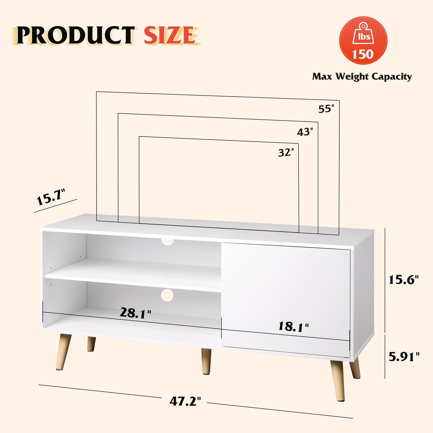 WLIVE TV Stand for 55 Inch TVs, Entertainment Center with Storage Cabinet, Mid-Century TV Stands for Living Room and Bedroom, 50" TV Console, White