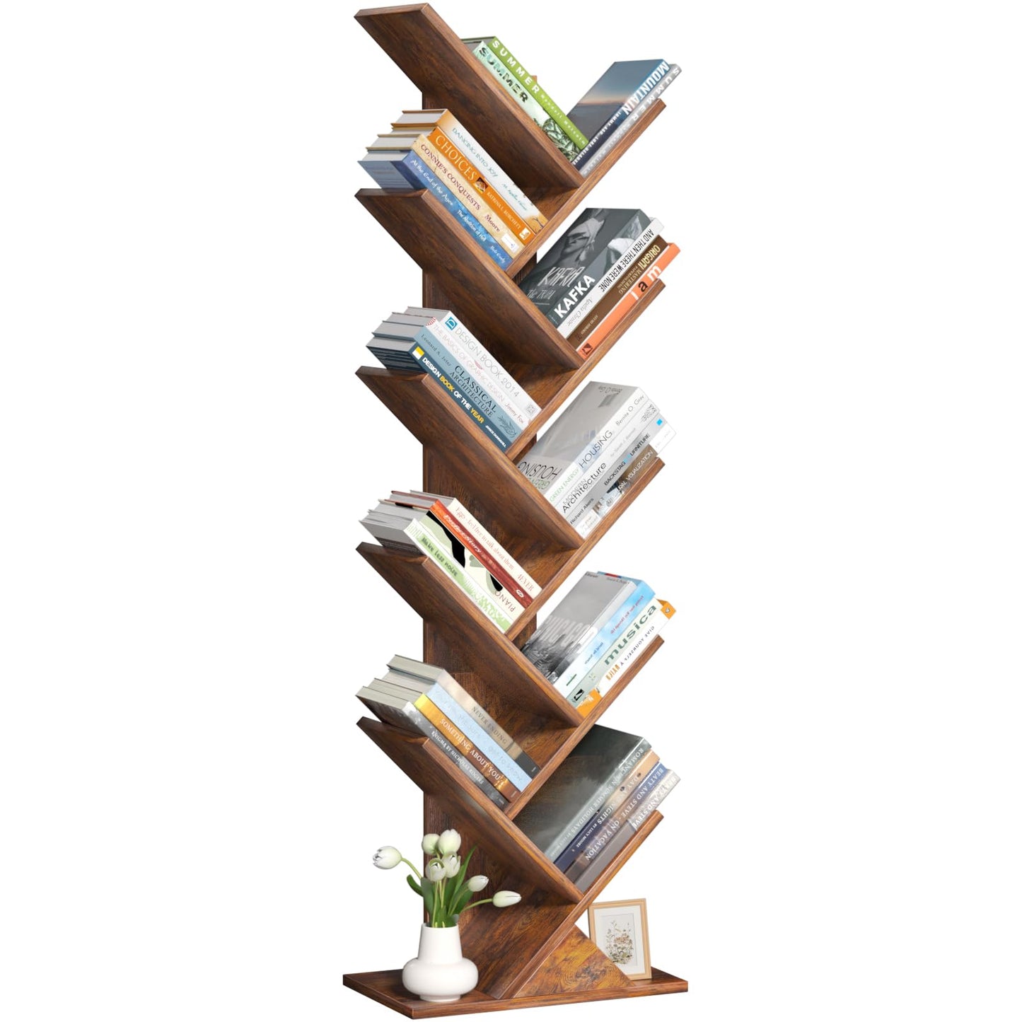 SHEEPAM 10 Tier Tree Book Shelf, Floor Standing Wood Bookshelf for Narrow Space, Storage Organizer Bookshelves for Books/CDs/Magazine, Bookcase with Shelves for Home Office, Living Room - Brown