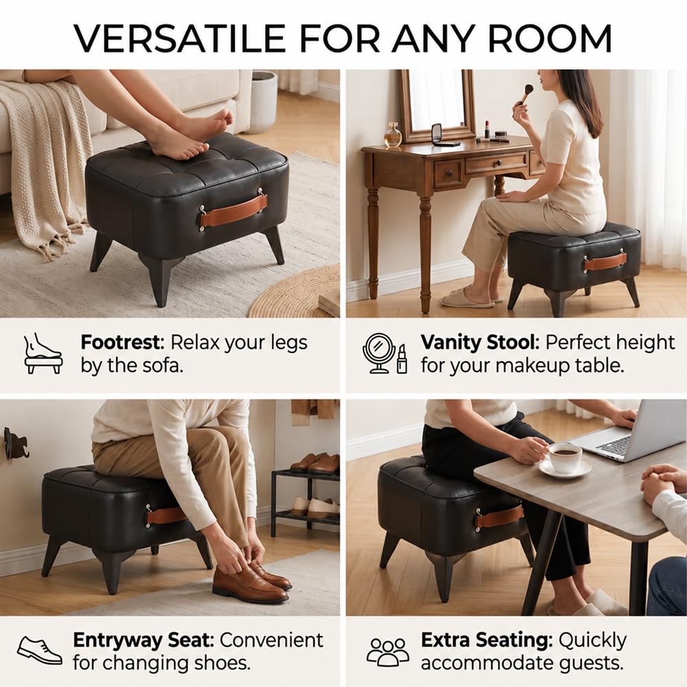 Vintage Style Faux Leather Ottoman Footstool - Wooden Frame, Upholstered Interior, Multi-Use Footrest for Living Room, Entryway, Office (Black)