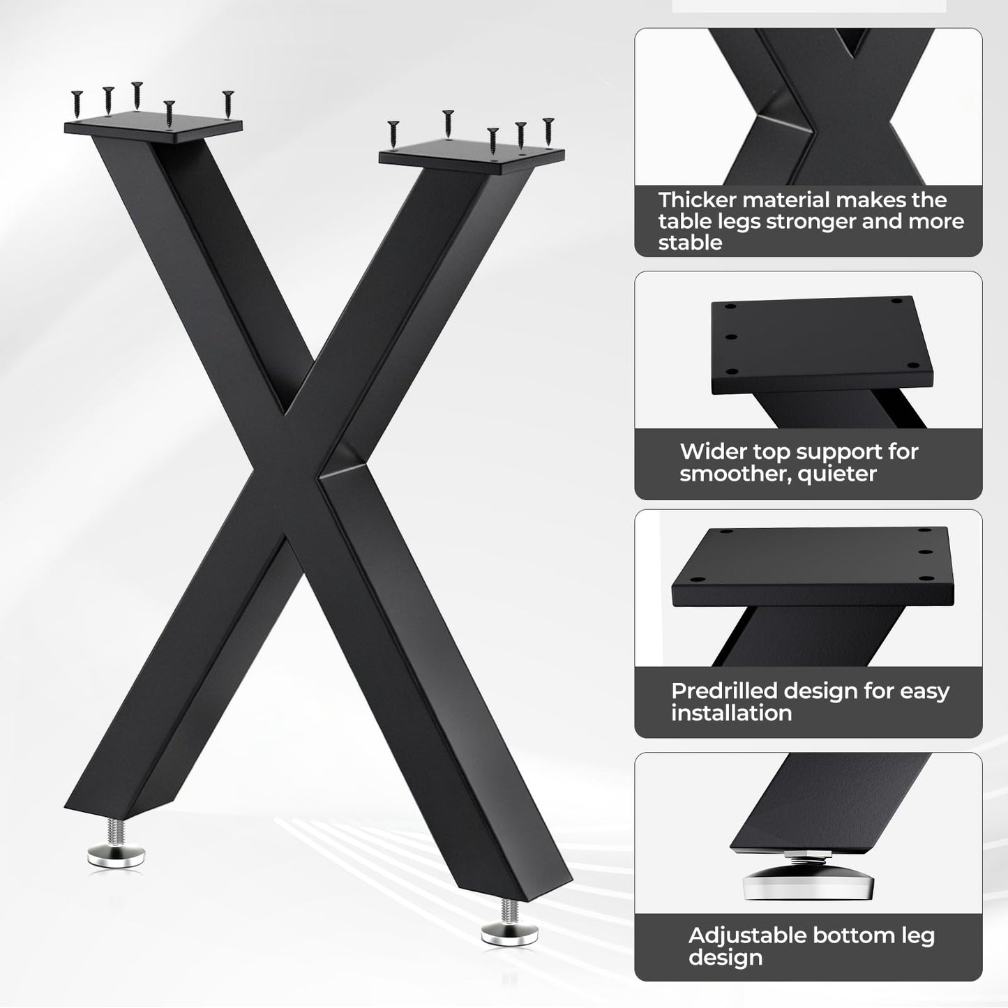 SNYXXOZ Coffee Table Legs 16H x 11.7W Heavy Duty Metal Bench Legs, X- Shape Dining Table Kitchen Table Office Desk Table Base Replacement with Adjustable Feet Pads Screws 1000 LBS Load Black Set of 2