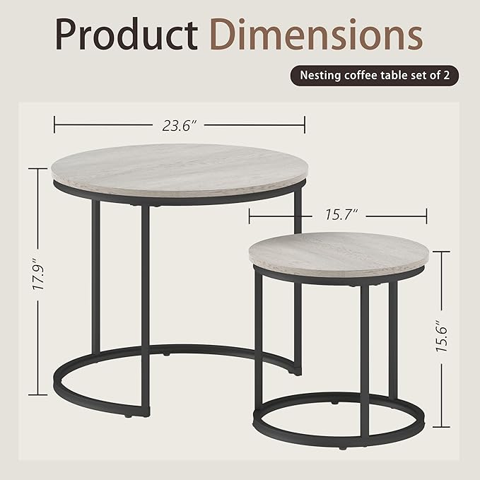 Otterease Nesting Tables Set of 2, Round Coffee Table, Small Nesting Coffee