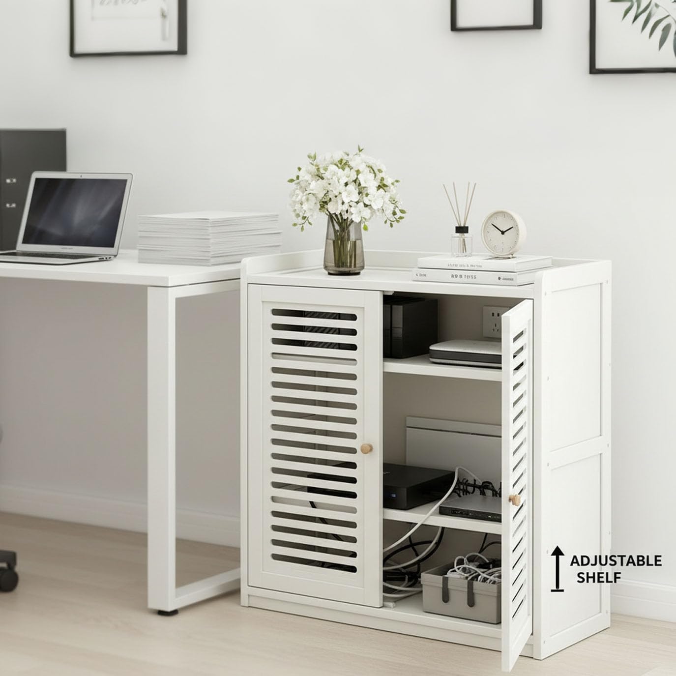 GODNOEI Large WiFi Router Cabinet Floor Standing Storage Box Modem Organizer for Home Office Bedroom White