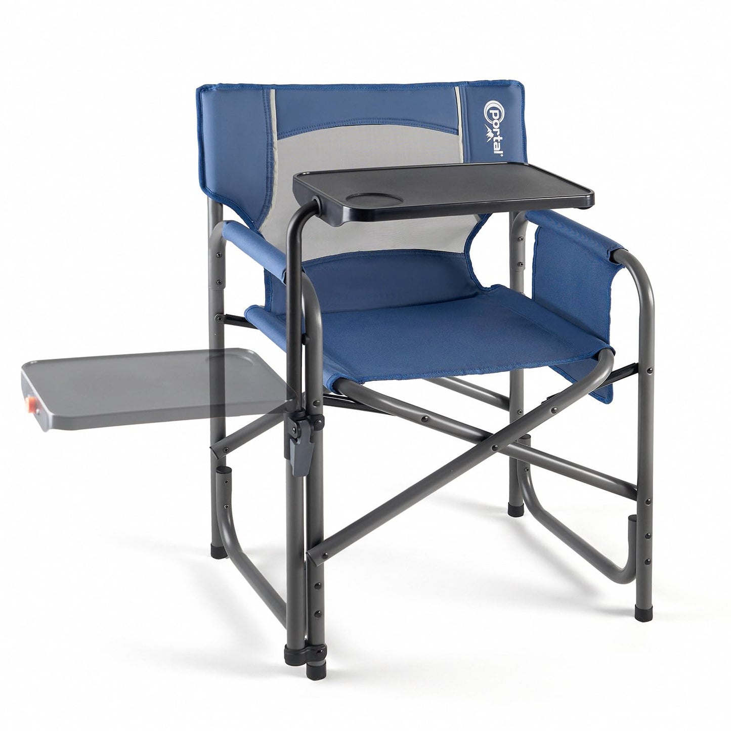 Portal Folding Director Chair with 2-Way Rotating Side Table, Heavy Duty 300 lb Camping Chair with Swivel Tray & Cup Holder, Ergonomic Mesh Back Portable Outdoor Seat for RV, Tailgating & Lawn, Blue