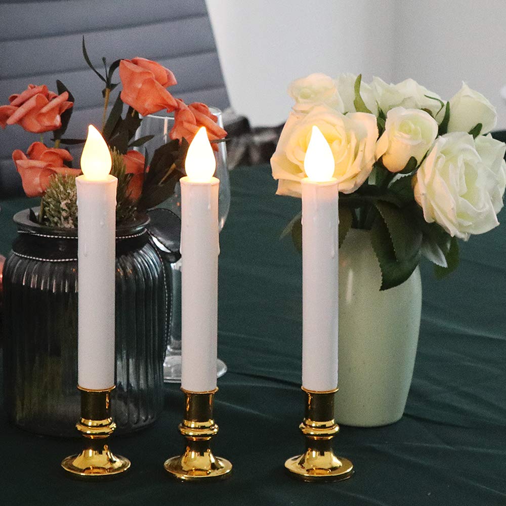 DRomance 9" Flameless Window Taper Candles Battery Operated with 8-Key Remote and Timer, 8 Pack White Christmas Holdiay Window Candles with Gold Holders, Suction Cups and AA Batteries Included