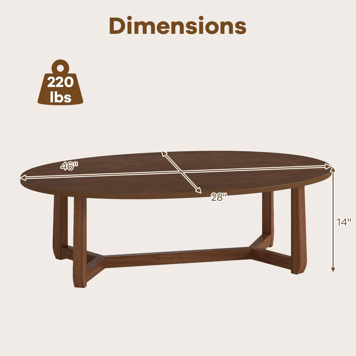 POWERSTONE Oval Coffee Table, 46'' Wooden Center Table, Low Profile Modern Living Room Table for Home, Reception, Office, Small Space, Walnut