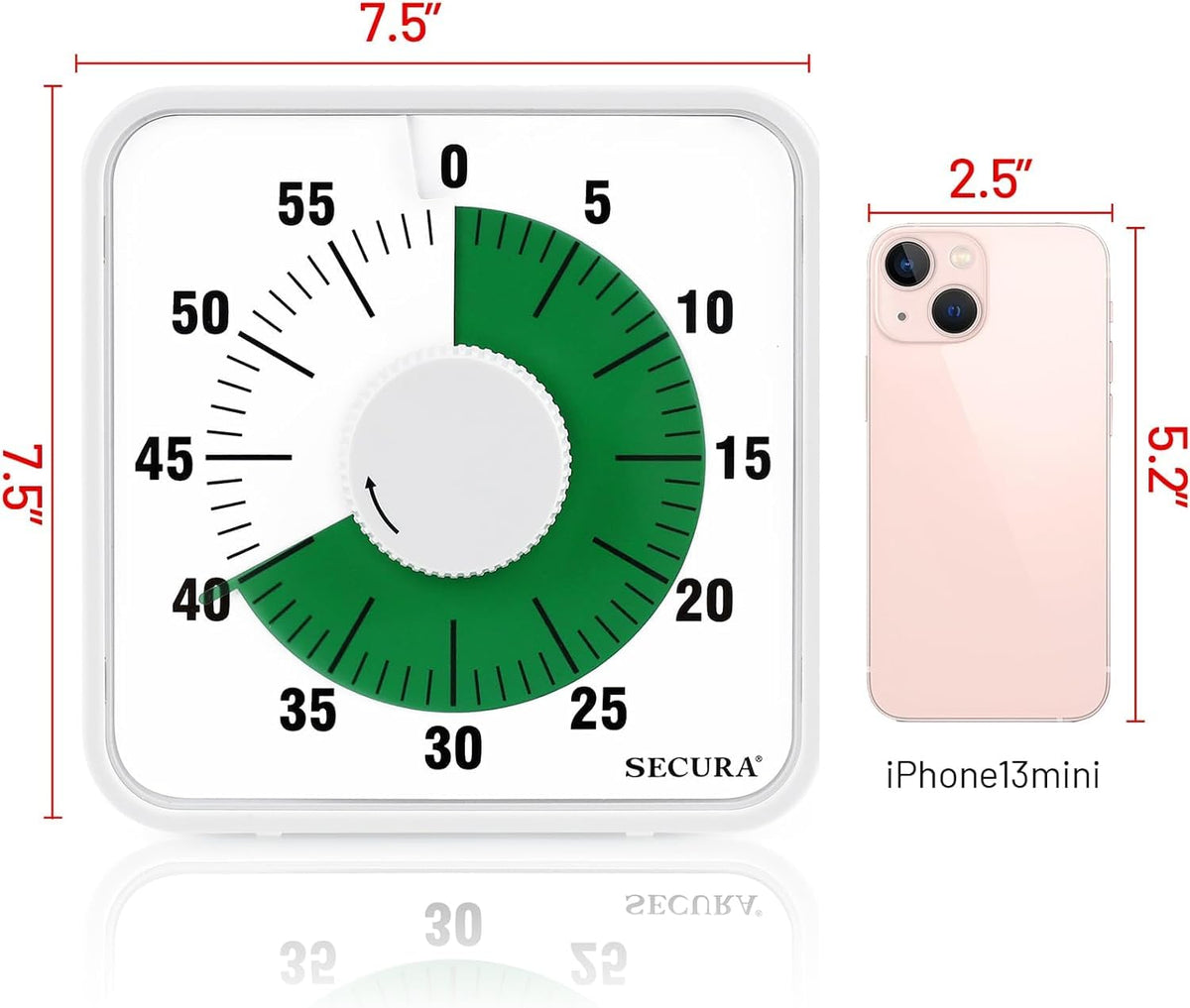 Secura 7.5 Inch Visual Timer, 60 Minute Oversize Visual Countdown Timer for Kids and Adults, Durable Mechanical Time Management Tool (Green)