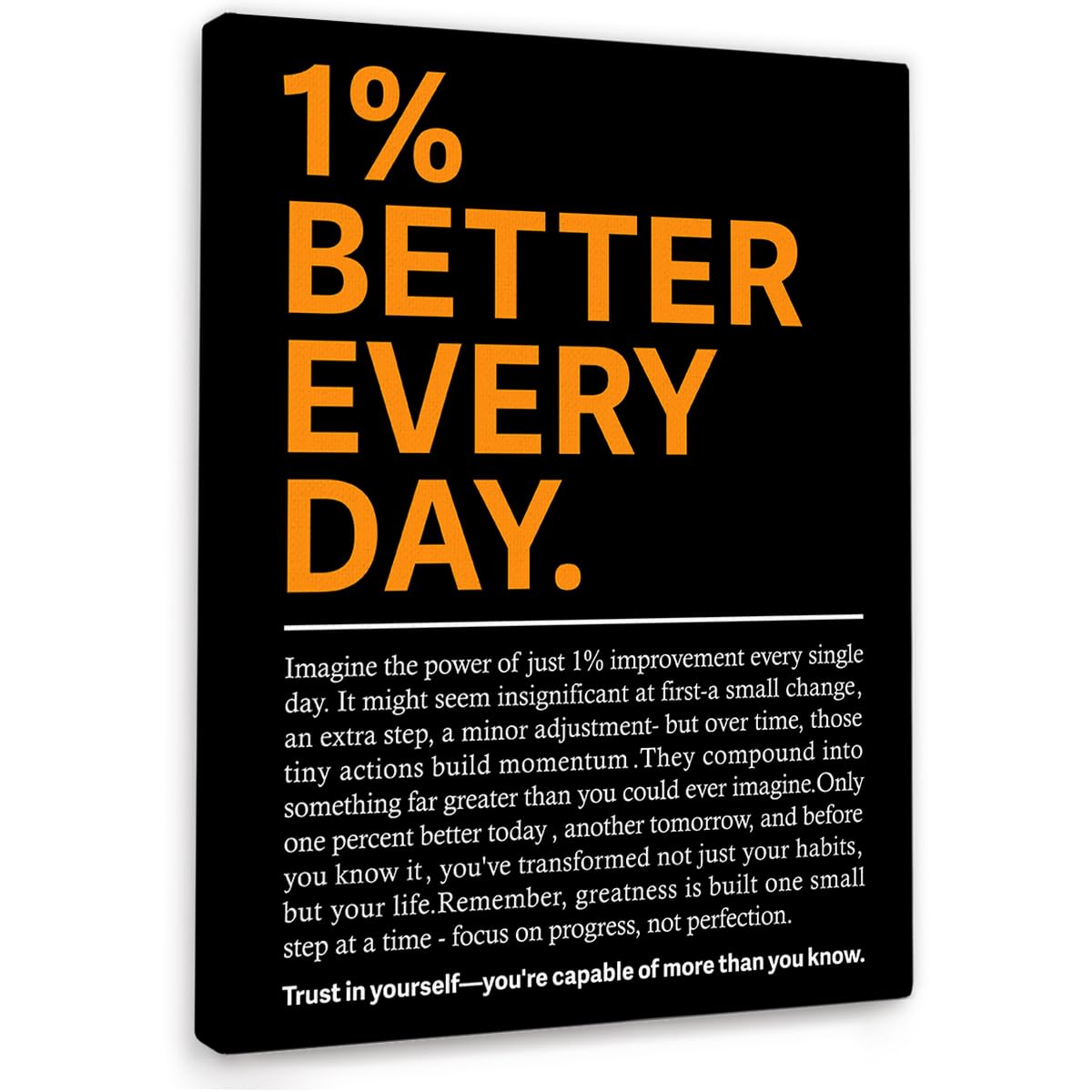 YEOION 1% Better Every Day Wall Decor,Black Motivational Quote Wall Art Canvas Frame Print for Home Office Workplace Wall Decor