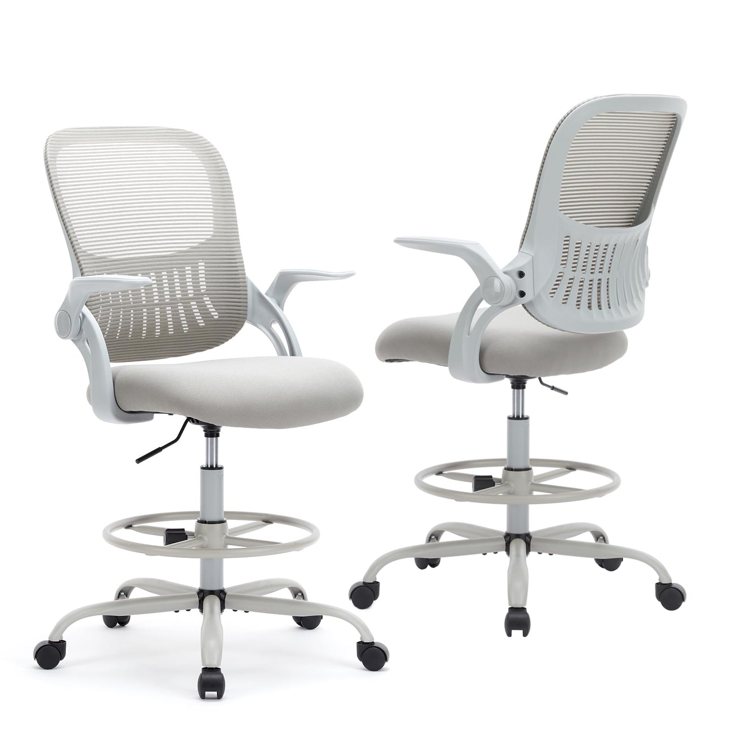 Sweetcrispy Tall Drafting Office Desk Chair - Ergonomic High Stool Computer Chair with Adjustable Height and Comfy Lumbar Support, Rolling Counter Height Chair with Flip-up Arm and Footrest, Grey