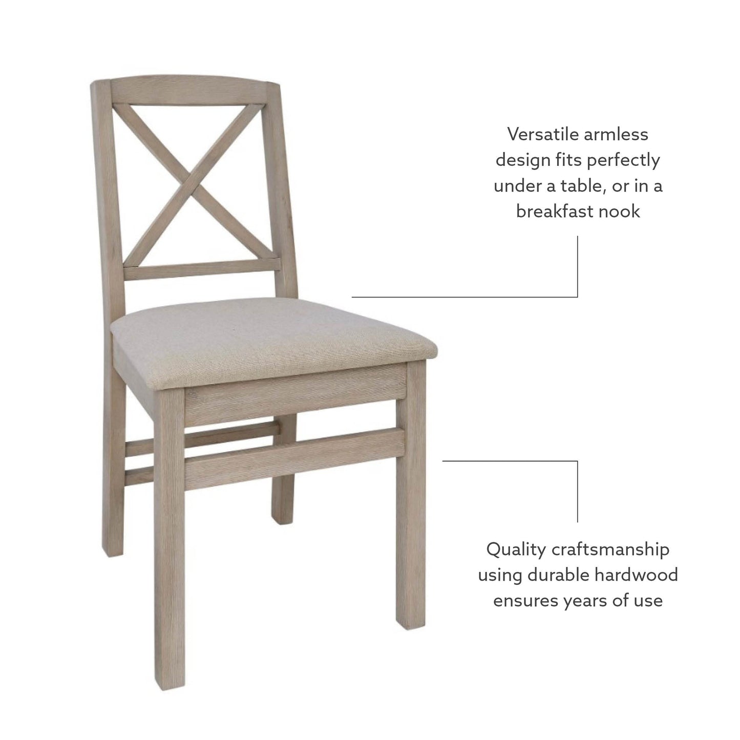 Linon Triena Greywash X Back Dining Chair with Beige Upholstered Seat, Set of 2