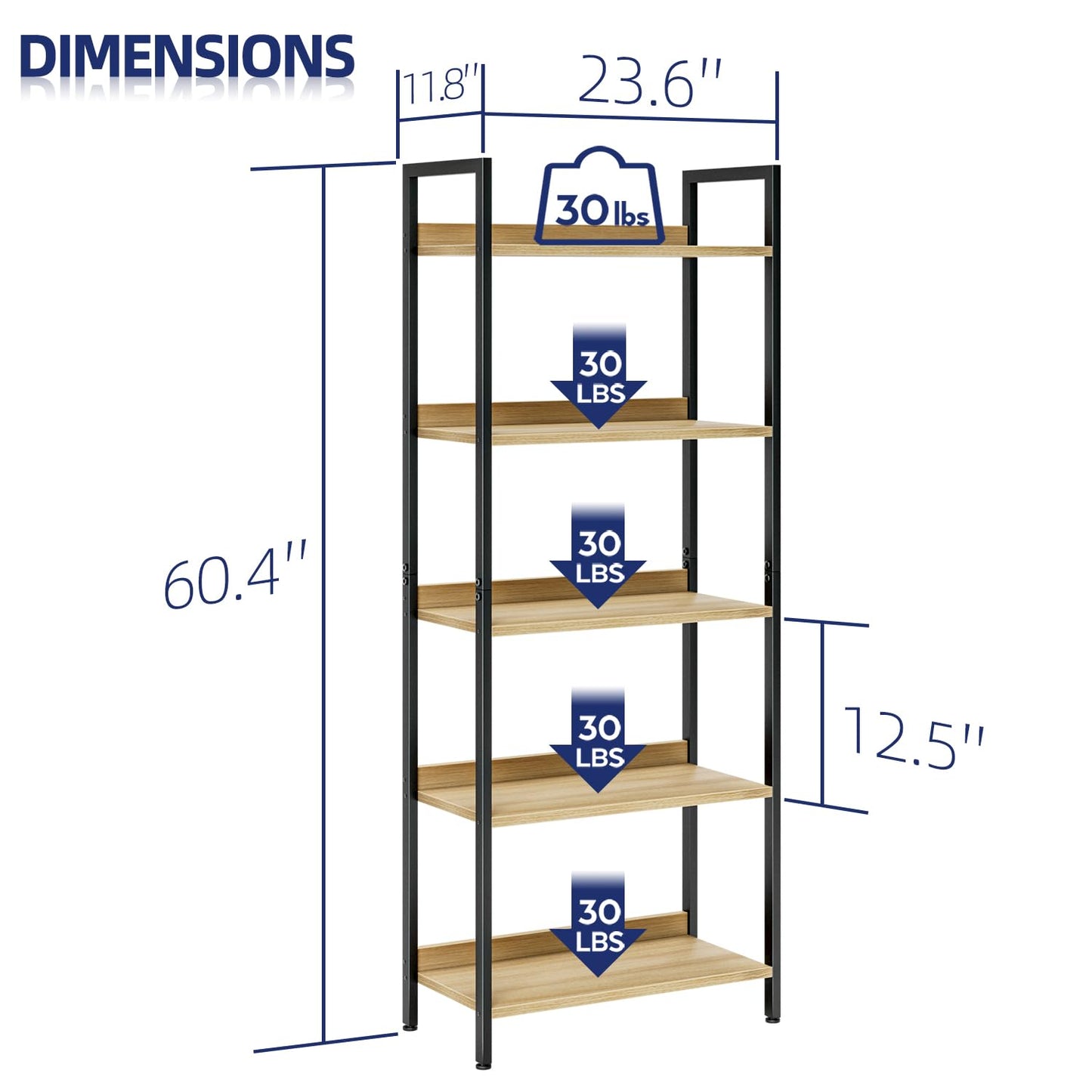 NUMENN Bookshelf, 5 Tier Bookshelves, Home Office Bookcase Shelf Storage Organizer, Free Standing Storage Shelving Unit for Bedroom, Living Room and Home Office, Natural