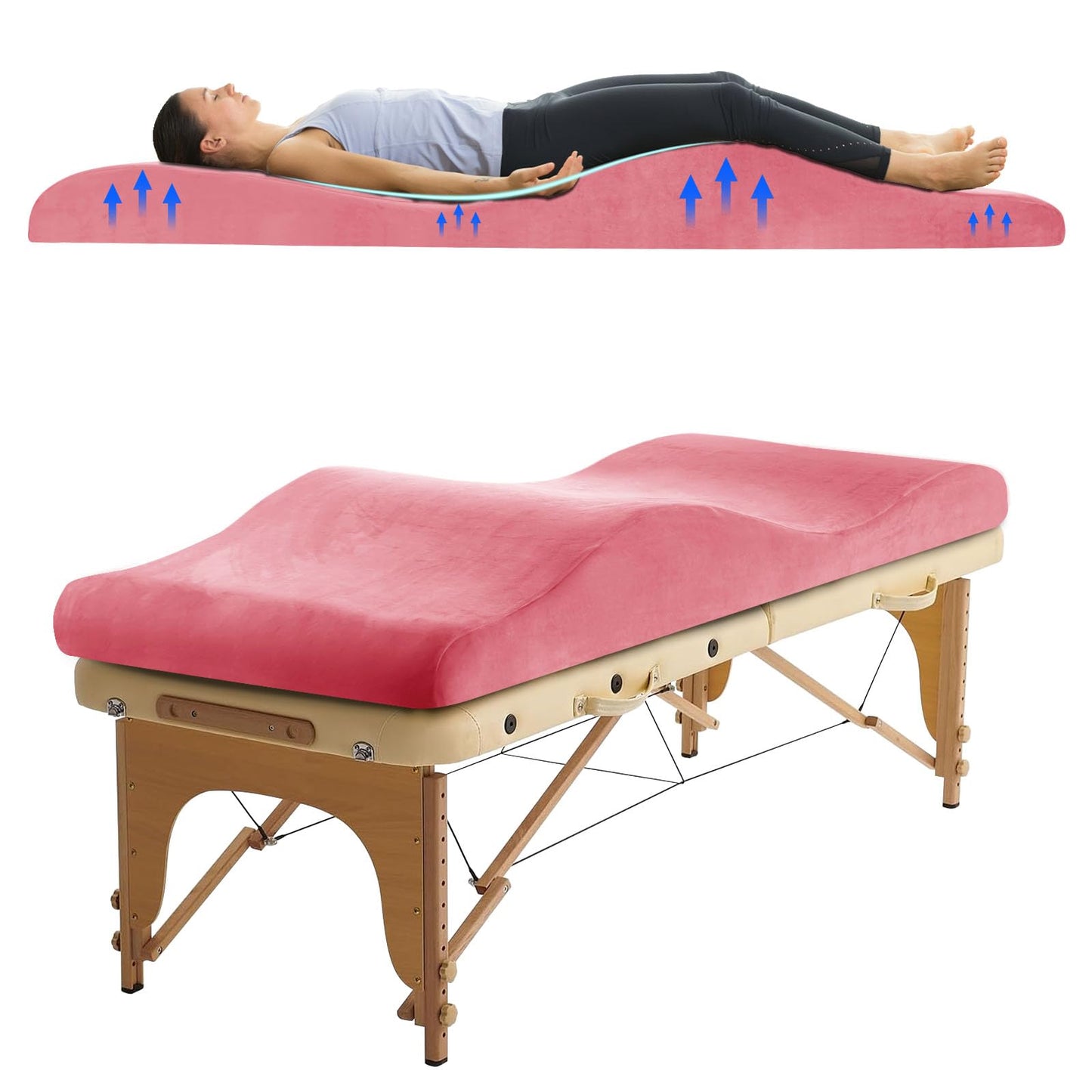 FondleFeeling Ergonomic Curved Lash Bed Topper High Density Memory Foam Massage Table Pad with Soft Plush Velvet Cover, Non Slip Lash Bed Foam Topper for Beauty Salon/Spa/Massage (Pink, 70"×24")