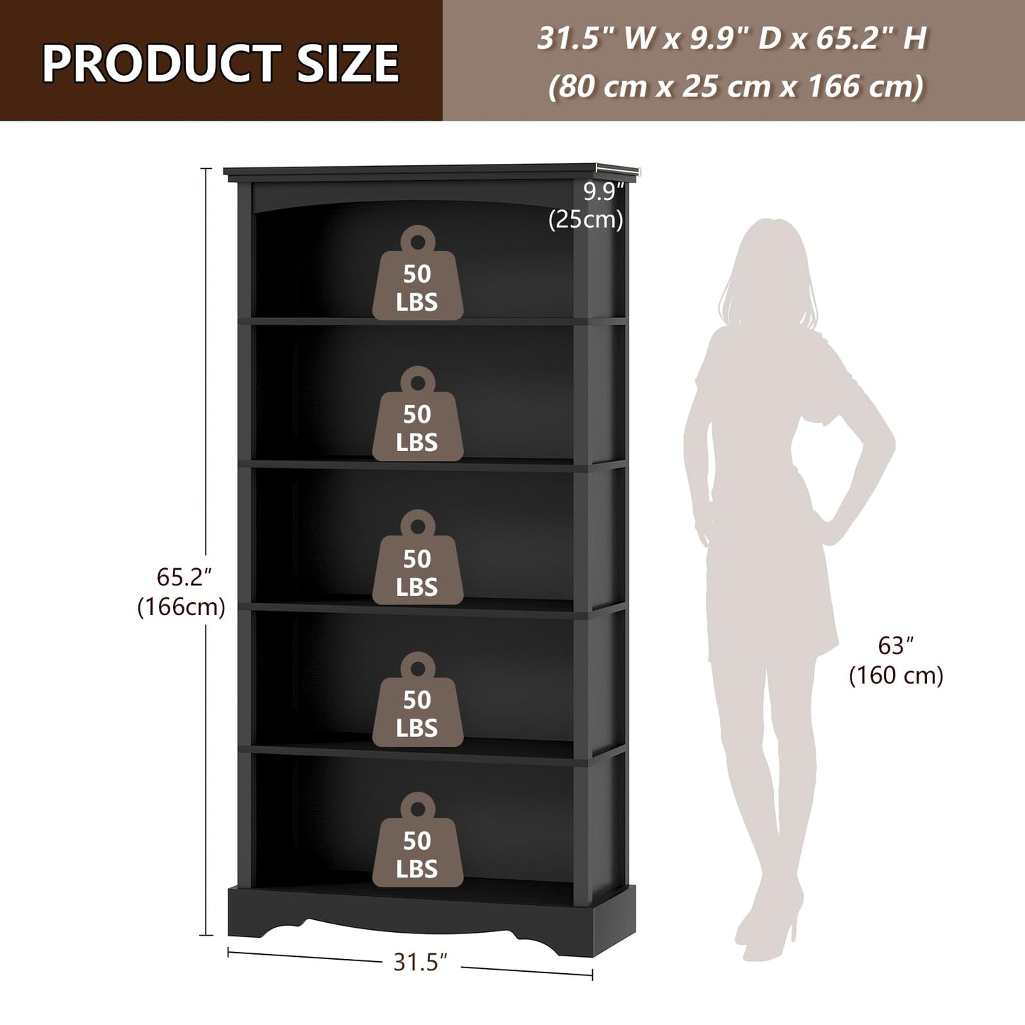TVU 5-Tier Wooden Bookshelf, 31.5" W x 65" H ×9.9" D Bookshelf with Storage, Floor Standing Modern Style Display Bookcase for Living Room, Office, Study Room, Entryway, Black