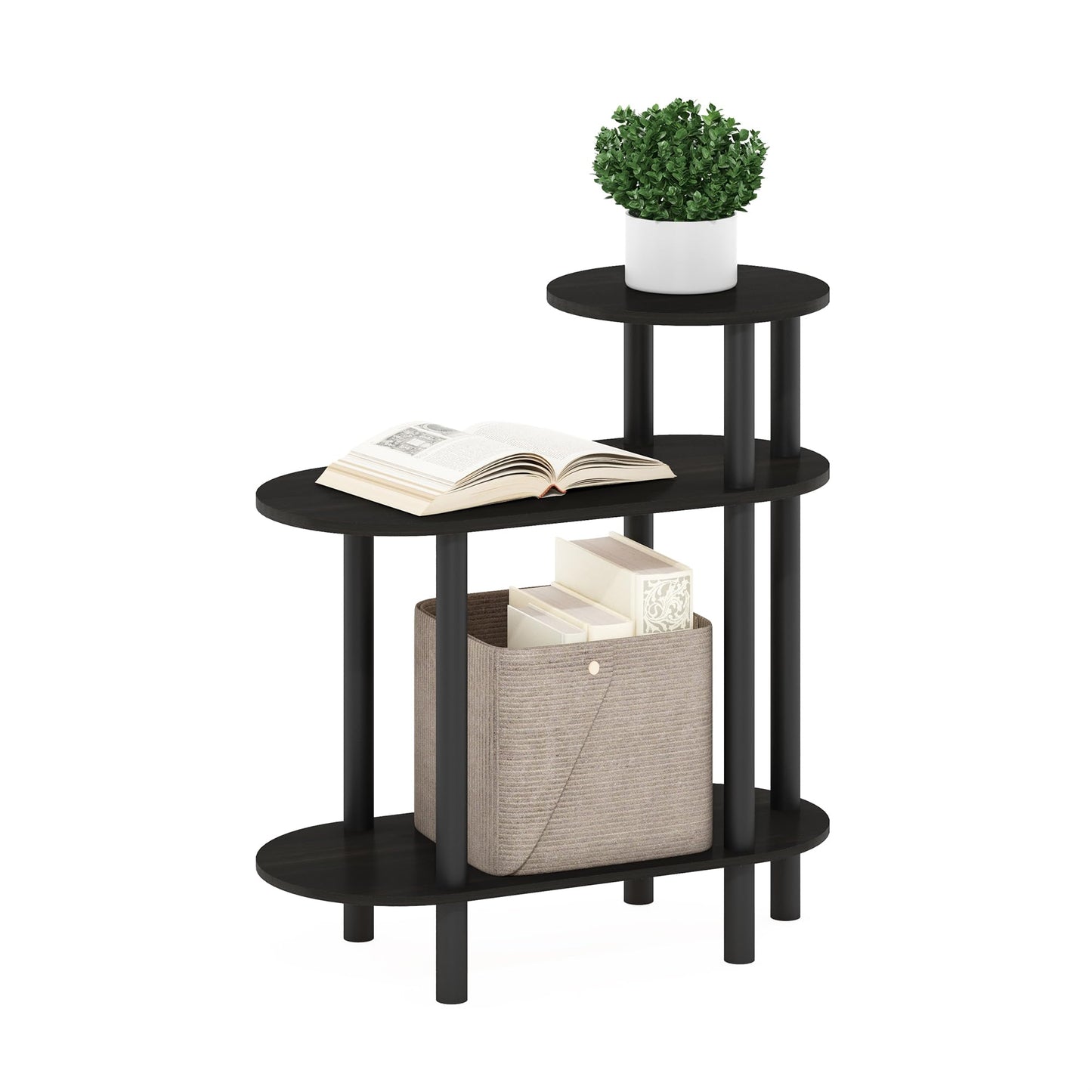 Furinno Turn-N-Tube Side Table, 3-Tier Oval Sofa End Table with Open Shelf, Toolless Assembly Night Stand, Bedside Table, for Living Room, Bedroom, Dark Espresso