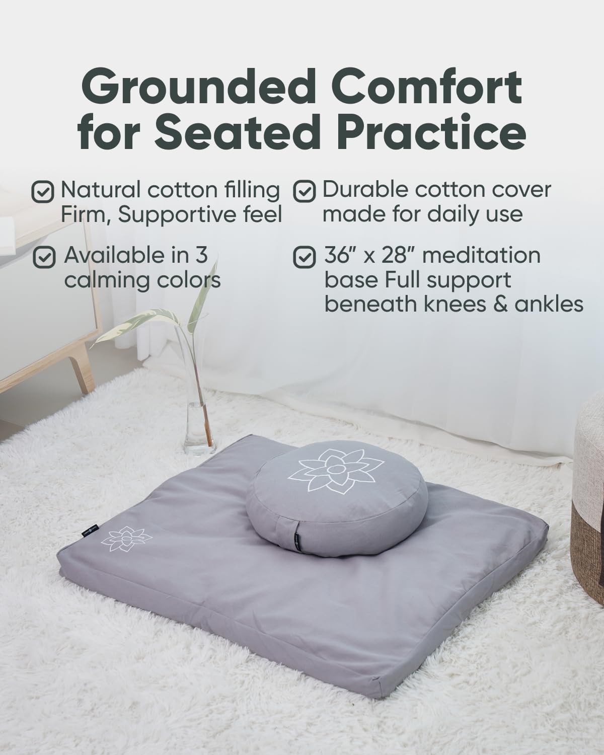 Mindful Modern Zabuton Meditation Mat - Cotton Filled Yoga and Meditation Pad - Zabuton Meditation Cushion for Kneeling and Sitting Support - Large Rectangular Sitting Floor Pillow for Bench or Zafu