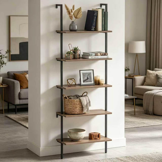 Wolawu 5 Tiers Ladder Shelf Brown Modern Bookshelf Open Tall Wall Mount Bookcase Standing Leaning Wall Shelves Industrial Decorative Living Room Bed Room