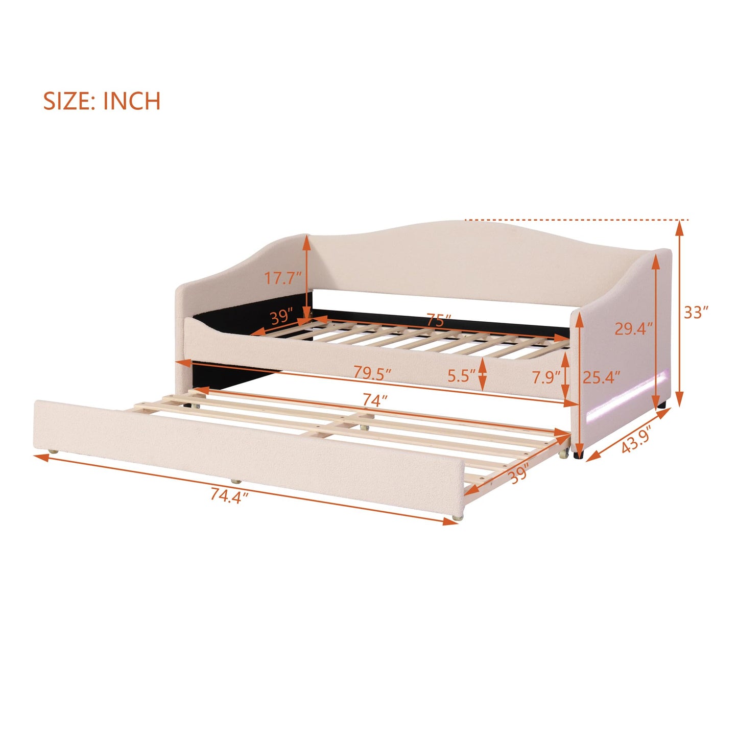 Merax Twin Size Upholstered Daybed with Light and Trundle, Beige Teddy Fleece Sofa Bed Modern Wooden Platform Bed Frame for Bedroom, Living Room, Guest Room, Apartment