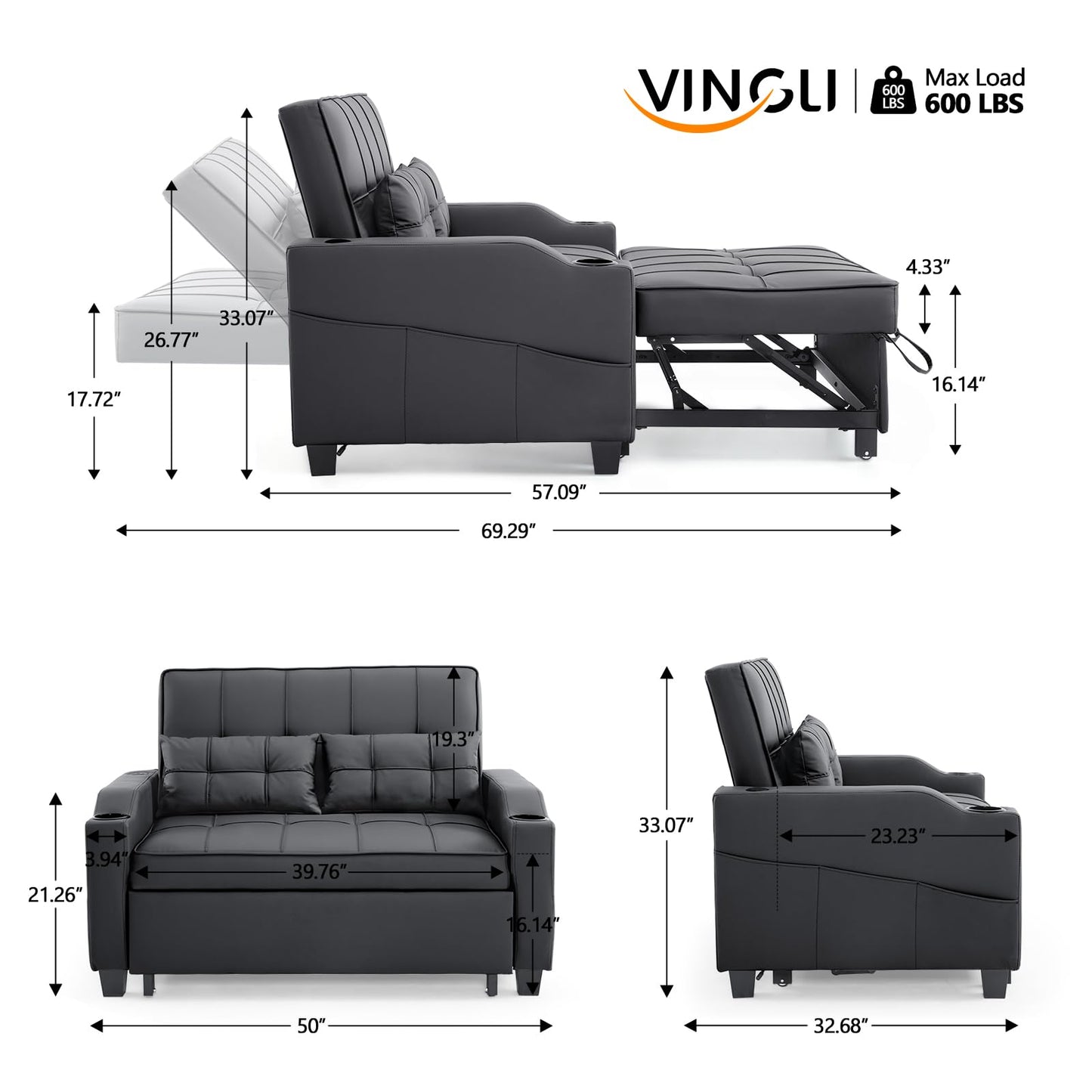 VINGLI Convertible Loveseat Sleeper Sofa, Black Faux Leather Futon Sofa Bed Pullout Couch Bed with USB Ports, Cup Holders, Armrest for Living Room, Bedroom, Home Office Apartment
