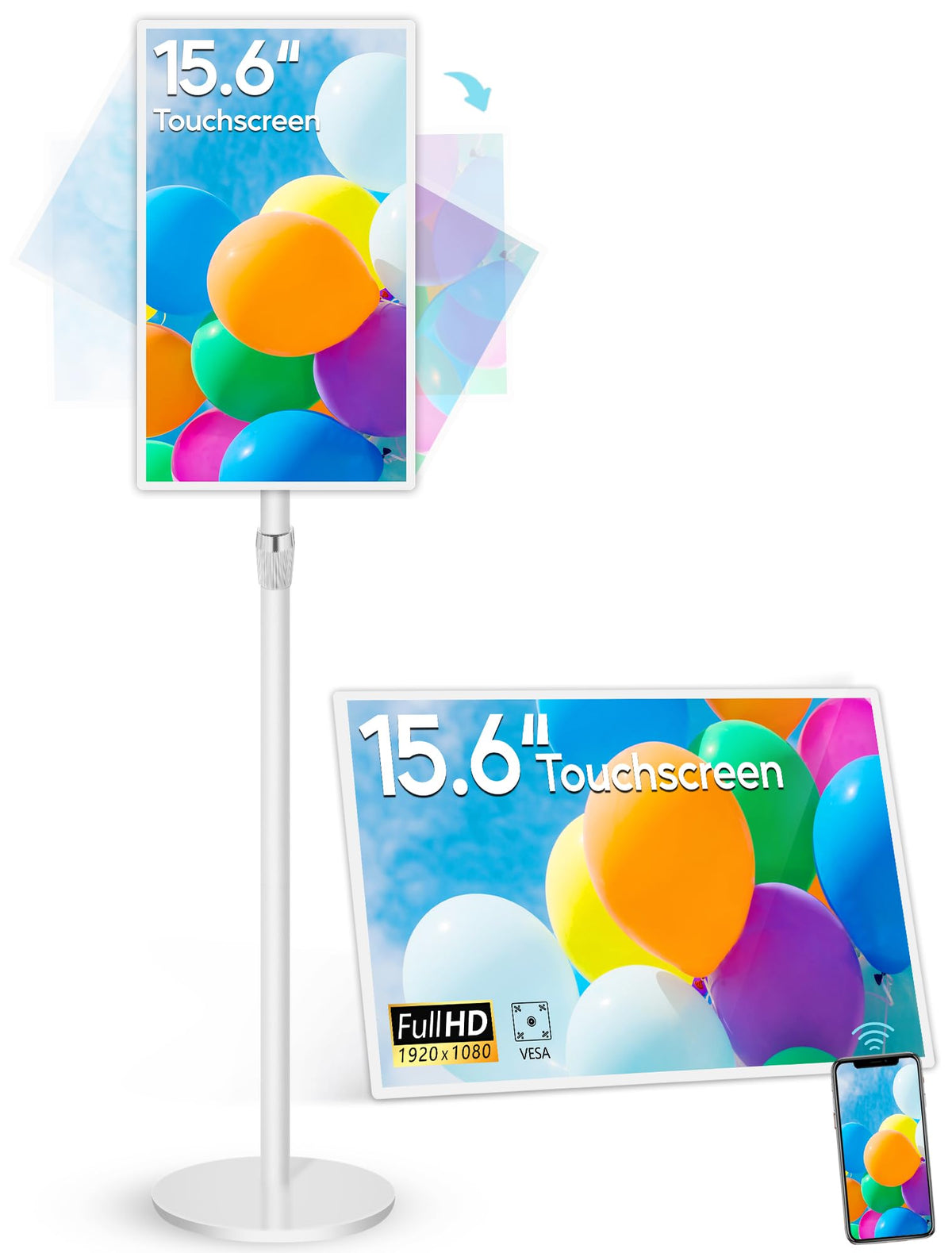 15.6" Digital Signage with 10000mAh Battery, Capacitive Touchscreen Advertising Display, Adjustable Stand, Android 13 Commercial LCD Monitor with Auto Play, Wireless Screen Mirroring, 2+32GB, White