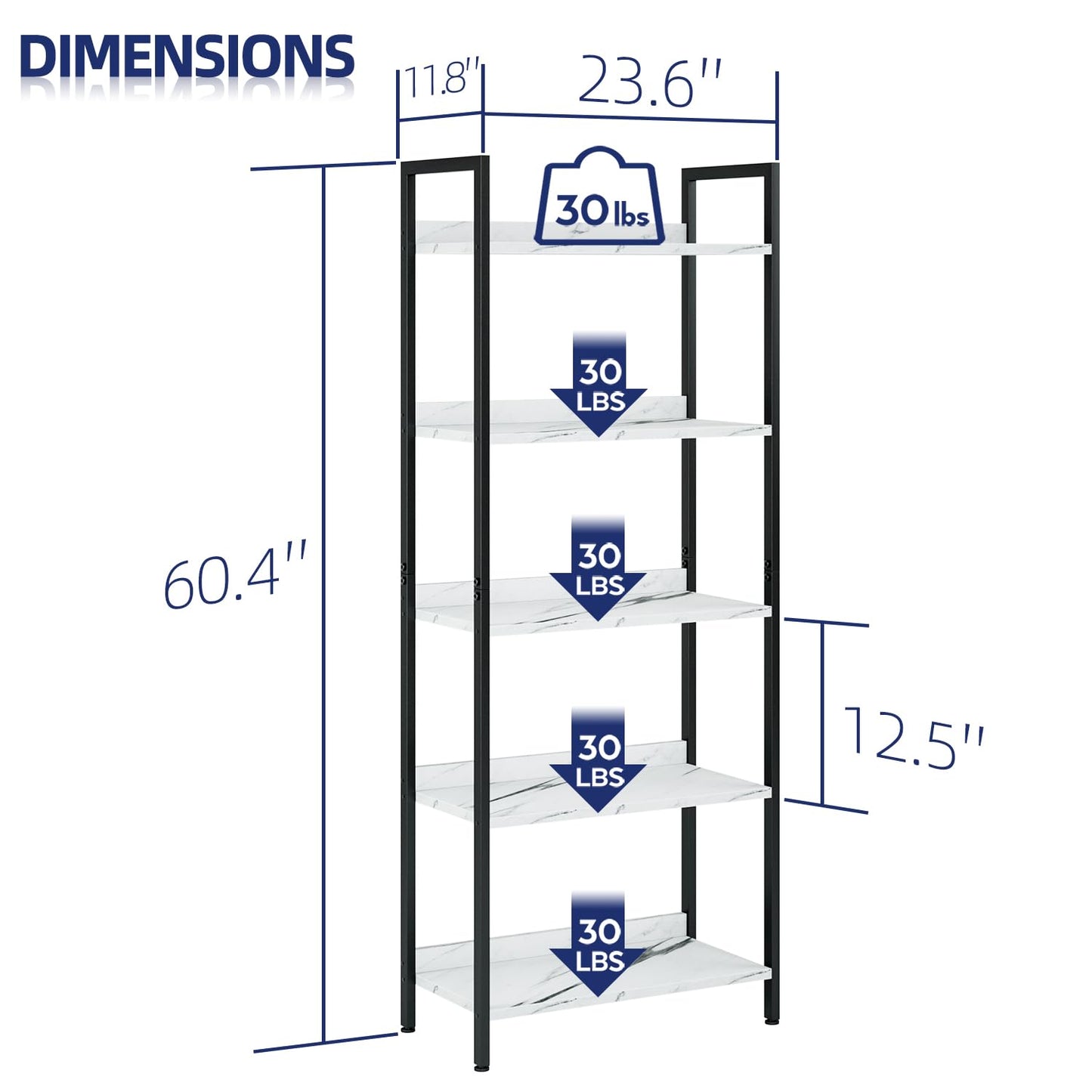 NUMENN Bookshelf, 5 Tier Bookshelves, Home Office Bookcase Shelf Storage Organizer, Free Standing Storage Shelving Unit for Bedroom, Living Room and Home Office, White Marble