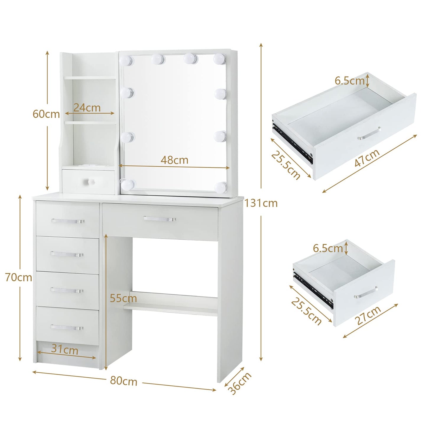 Makeup Vanity Set with Lights and Mirror Vanity Dressing Table with Drawers and Stool Shelves Makeup Vanity Desk for Bedroom Furniture for Girls Women