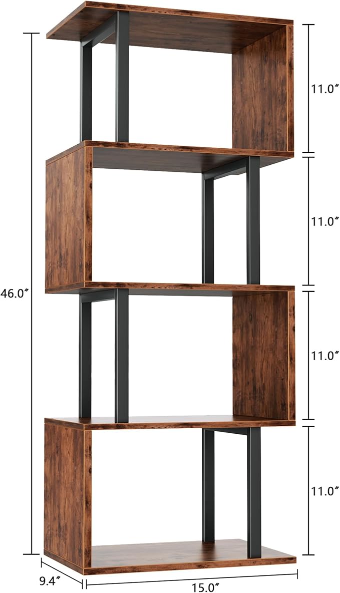 Furologee 5 Tier Bookshelf, S Shaped Geometric Bookcase, Narrow Freestanding