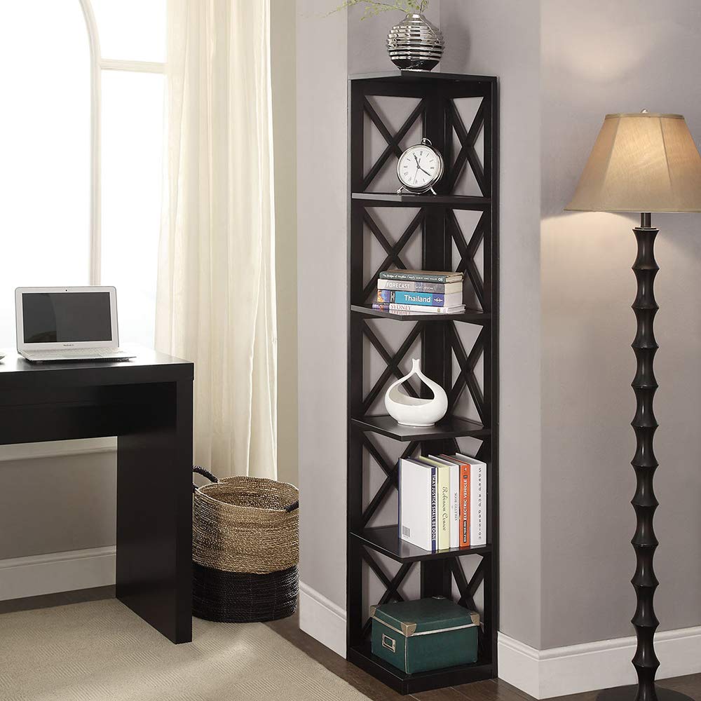 Convenience Concepts Oxford Corner Bookcase 12" - 5-Tier Slim Farmhouse Bookcase for Modern Living & Family Room, Media Storage Organizer for Home Office Library, Tall Shelving Unit, Black