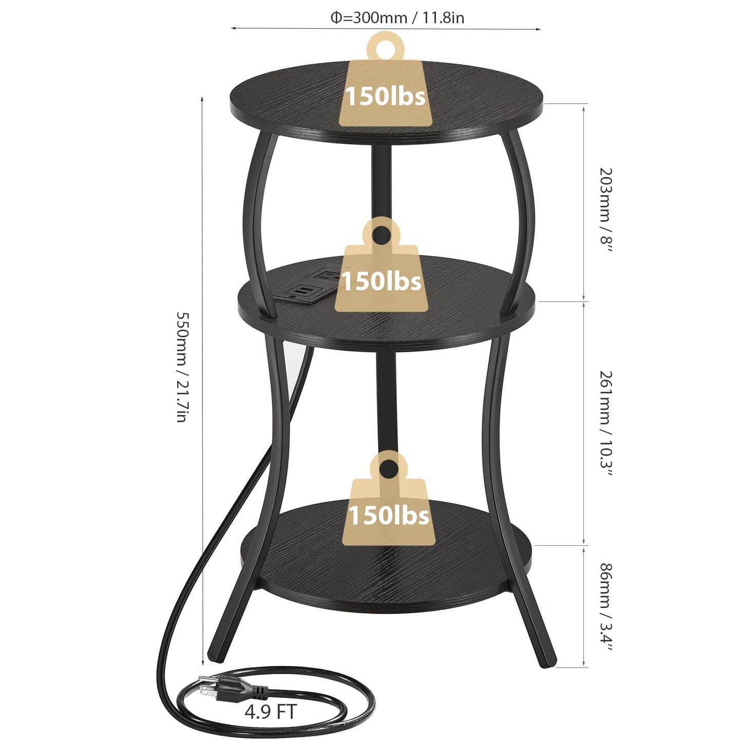 Small Round Side Table with Charging Station, 3-Tier Waist Circular End Table with Storage Shelf, Compact Tea Sofa Side Table Small Spaces, Round Corner Coffee Table for Living Room Bedroon,Black