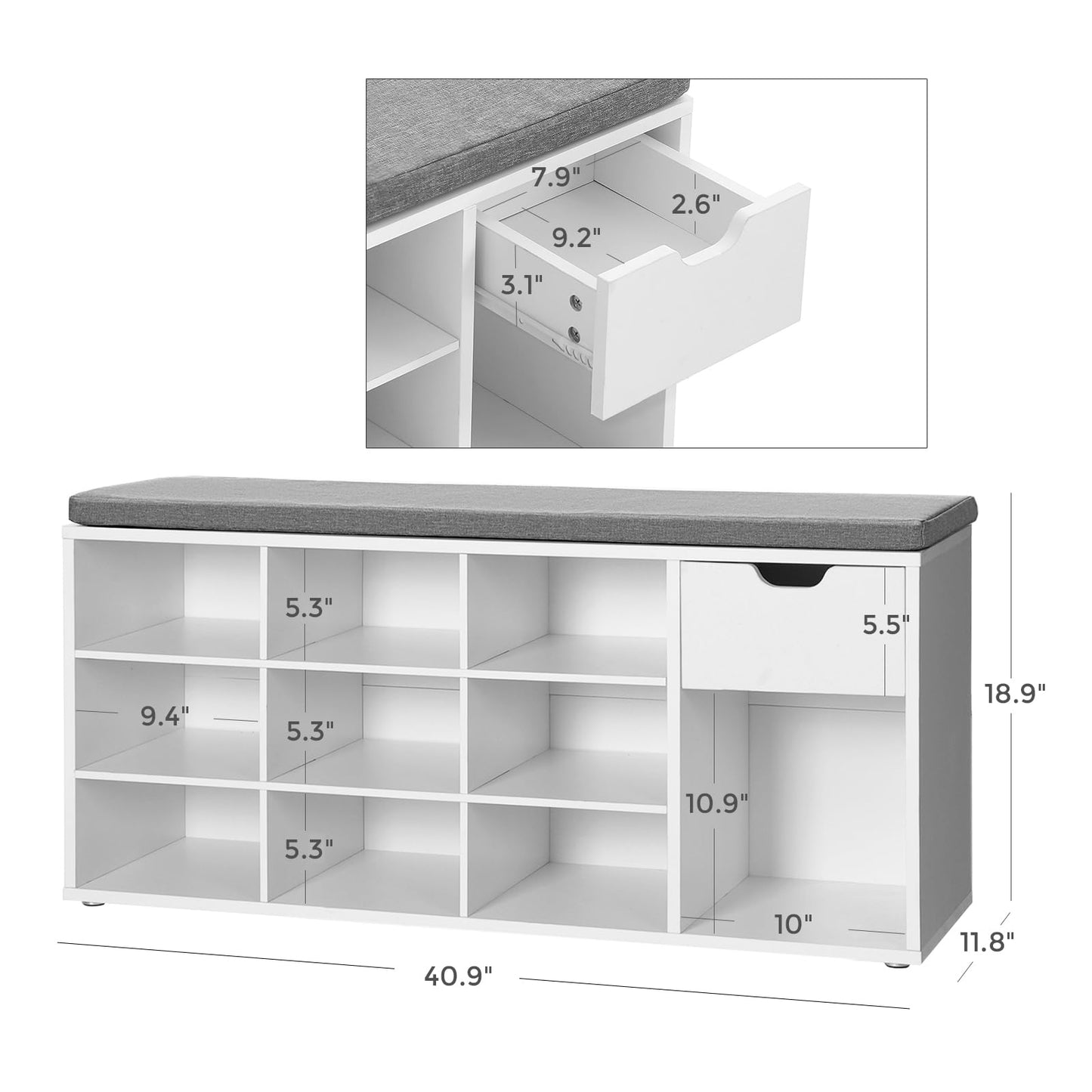VASAGLE CUSTOS Collection - Storage Bench, Entryway Bench with Cushion, Drawer and Open Compartments, Bench with Storage, Living Room, Bedroom, Closet, White and Gray ULHS24WT