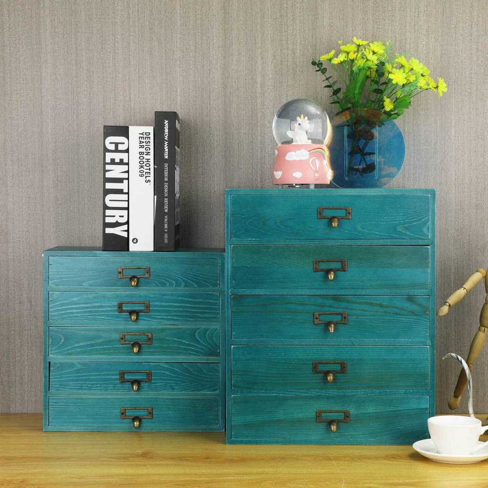 GoooodGIFT Large Wooden Drawers Rustic Desk Organizers and Accessories Wooden Storage Dox with Drawer Paper Storage Drawers Wood File Organizer Library Card Catalog Cabinet Apothecary Cabinet (L-BLUE)