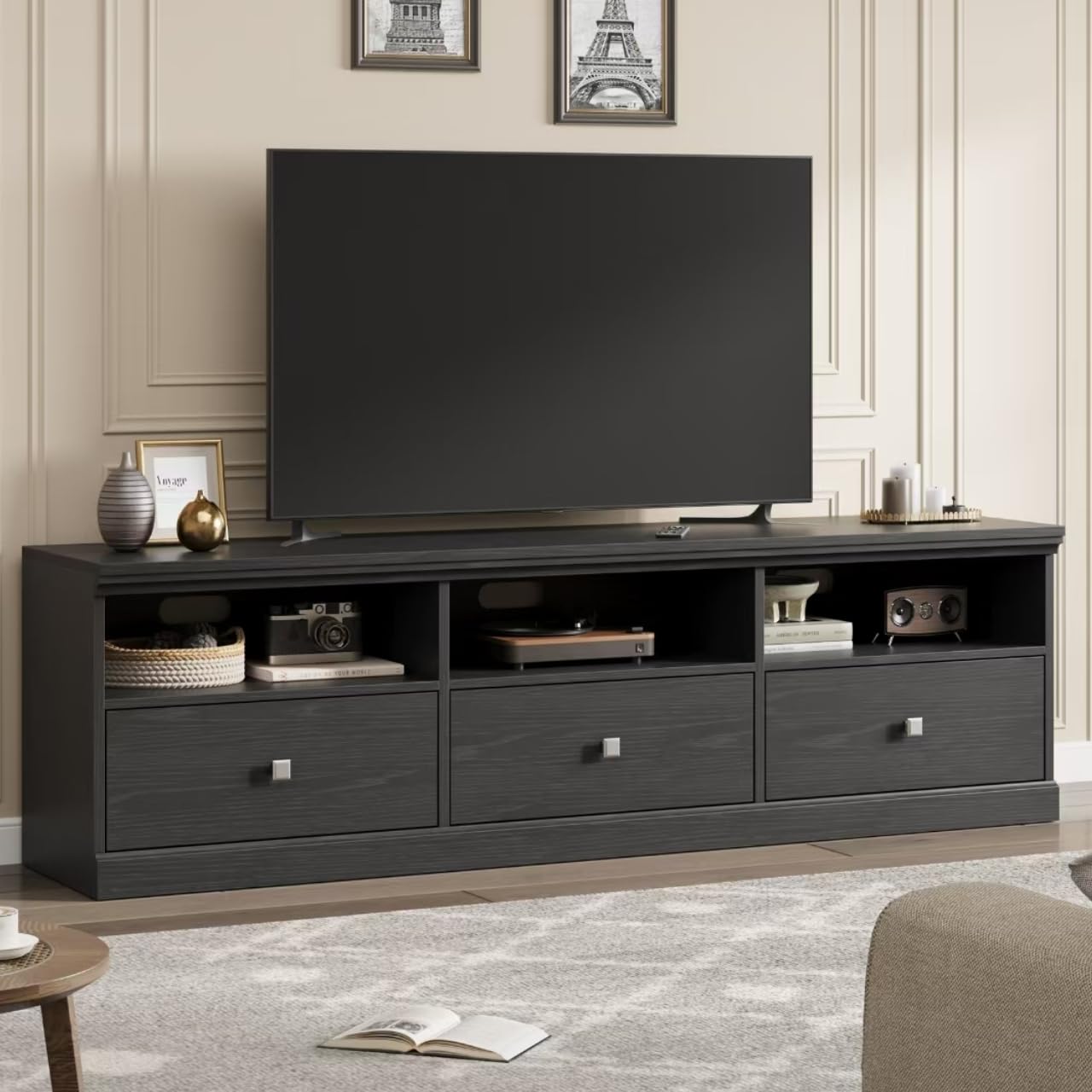 IDEALHOUSE 70in TV Stand for TVs up to 80", Mid Century Modern Entertainment Center with Storage Drawer and Open Shelves, TV Console Media Cabinet for Living Room, Bedroom, Black