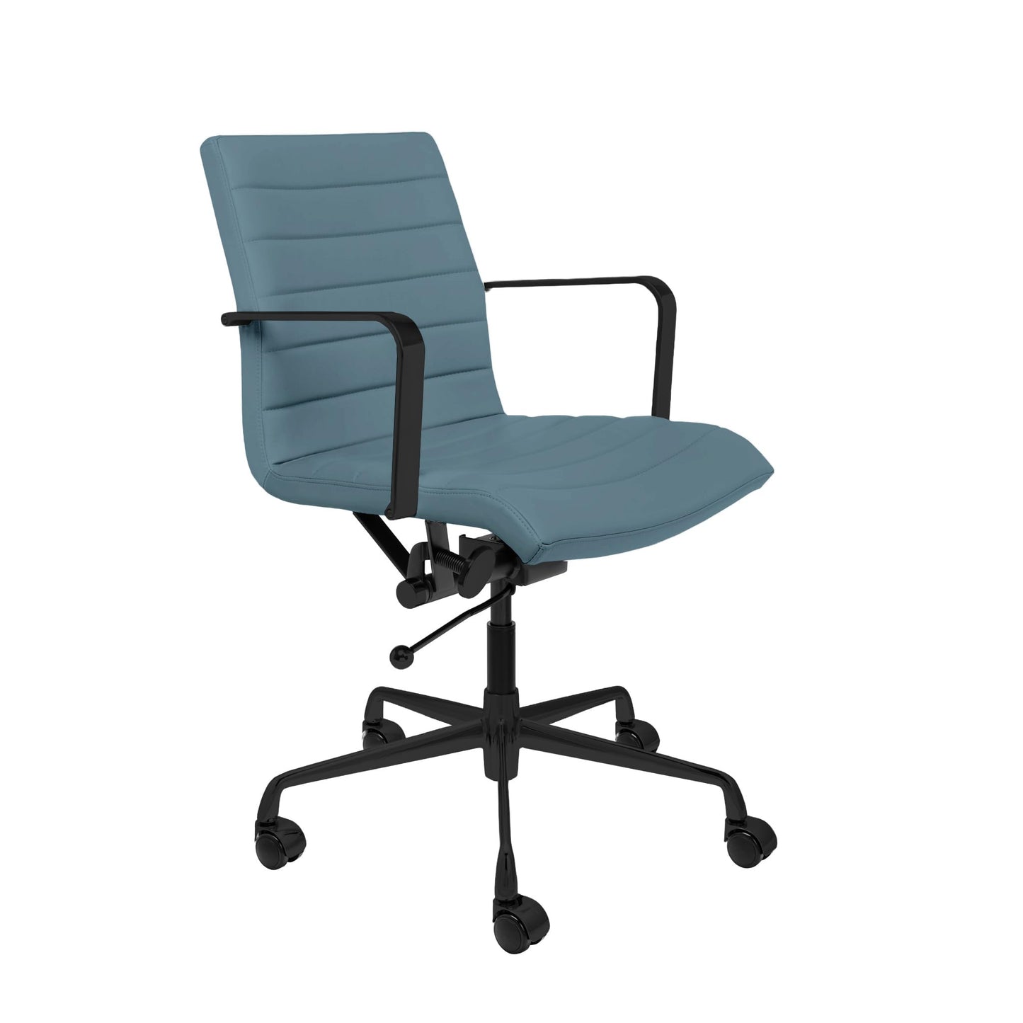 Laura Davidson Furniture SOHO II Ribbed Office Chair - Mid Back Desk Chair, Ergonomically Designed with Arm Rest & Swivel, Made of Faux Leather, Coastal Blue with Black Frame, Computer Chair