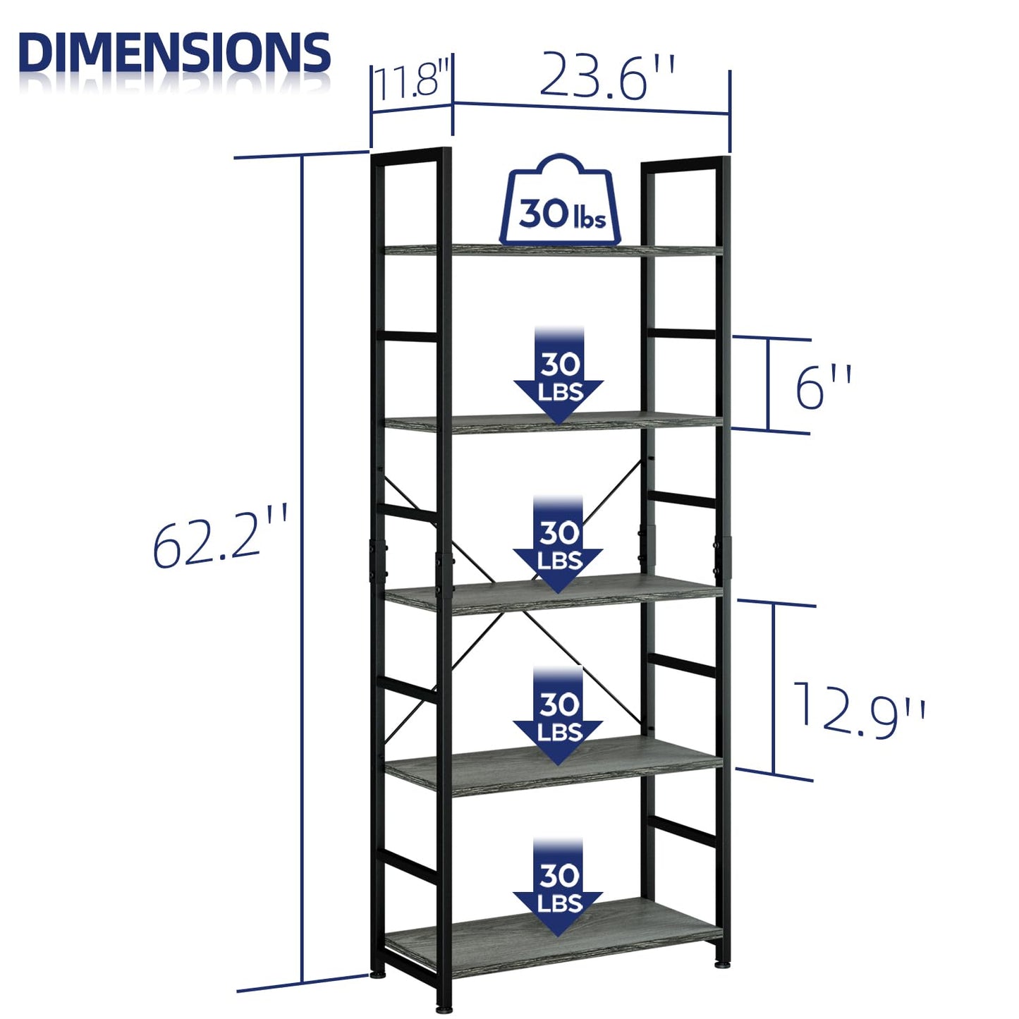 NUMENN 5 Tier Bookshelf, Tall Bookcase Shelf Storage Organizer, Modern Book Shelf for Bedroom, Living Room and Home Office, Dark Grey