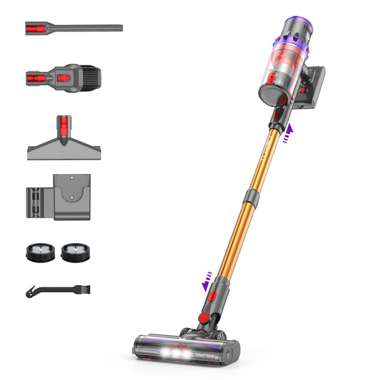 Coovy Cordless Vacuum Cleaner SU7, 580W 45Kpa 75 Minutes Runtime Stick Vacuum with Touch Screen, Anti-Tangle Wireless Powerful Lightweight Vac for Home Pet Hair Carpet Hardwood, Gold