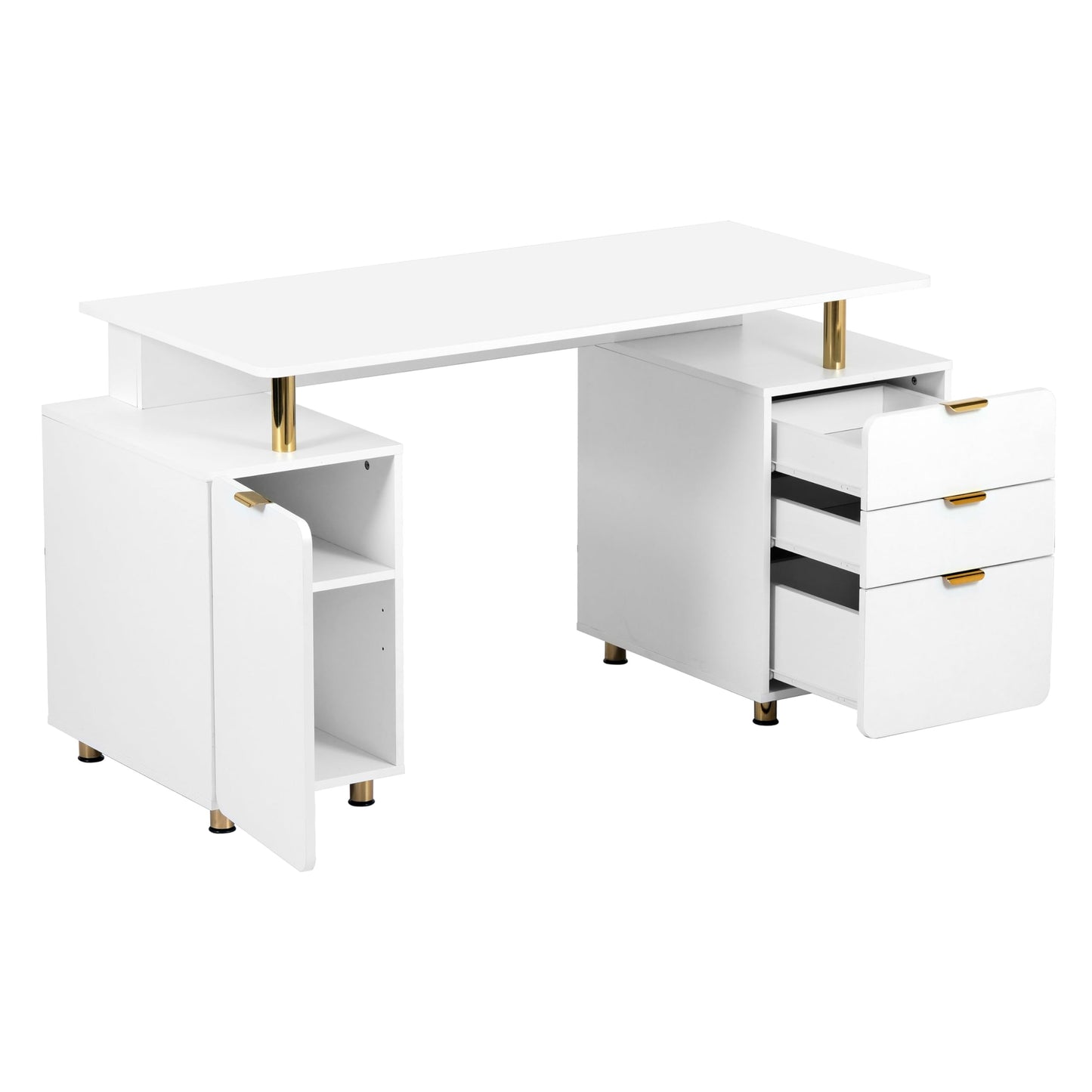 Elegant 57" W Executive Desk with 3 Drawers and Storage Cabinet, Modern Office Desk with Gold Accents, Floating Work Surface, Closed Storage with Ventilation & Adjustable Shelf (White,Gold)
