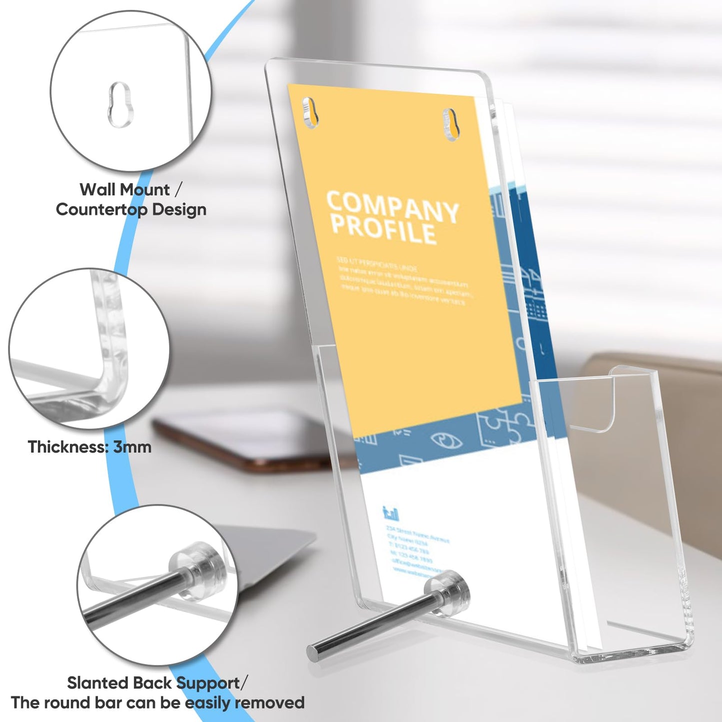 Acrylic Brochure Holder Wall Mount or Countertop Display Stand – Clear Pamphlet & Literature Organizer Fits Trifold Flyers, Menus, Leaflets for Office, Shop, Hotel, Classroom, Reception Desks (4 Pack, 4.3 x 7.8 inch)
