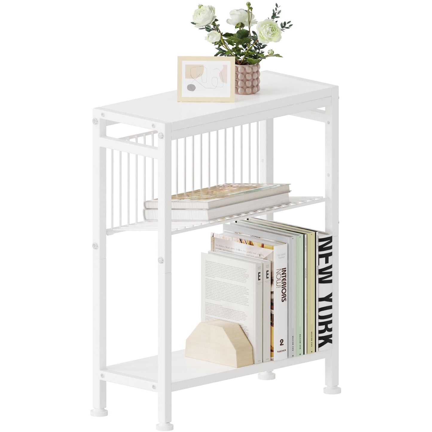 Lifenite Side Table for Small Spaces, Narrow End Table with Magazine Holder, 2 in 1 Design Slim Side Table, Skinny Nightstand for Living Room Bedroom, Thin Side Magazine Table, White