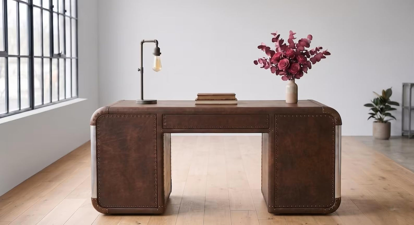 NauticalMart Industrial Aviator Executive Desk with 7 Drawers, Handcrafted Vintage Brown Leather & Aluminum Office Desk, Aircraft-Inspired Rivet Writing Table for Home Office (72" W X 28" D X 30" H)