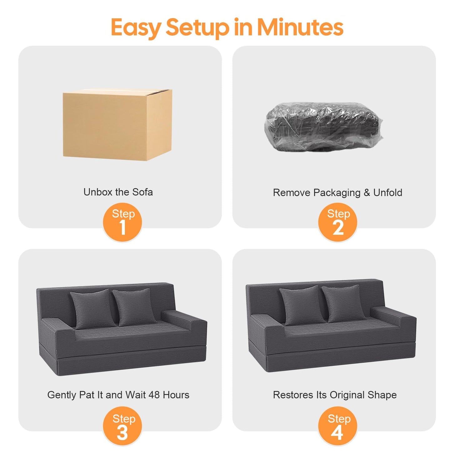 MeMoreCool Folding Sofa Bed Boneless Couch, 59" Loveseat Convertible Futon, Corduroy Foldable 2-in-1 Floor Sleeper for Small Living Room, Apartment, Guest Room, Foam Support & Washable Cover, Grey