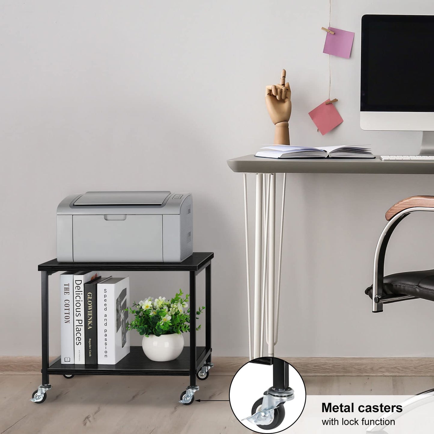 CADUKE Black Printer Stand, Under Desk Printer Table with Wheels, Mobile Printer Shelf 2 Tier Rolling Printer Cart for Home Desktop Organizer Shelf for Printer Fax Scanner Stand Rack Wood