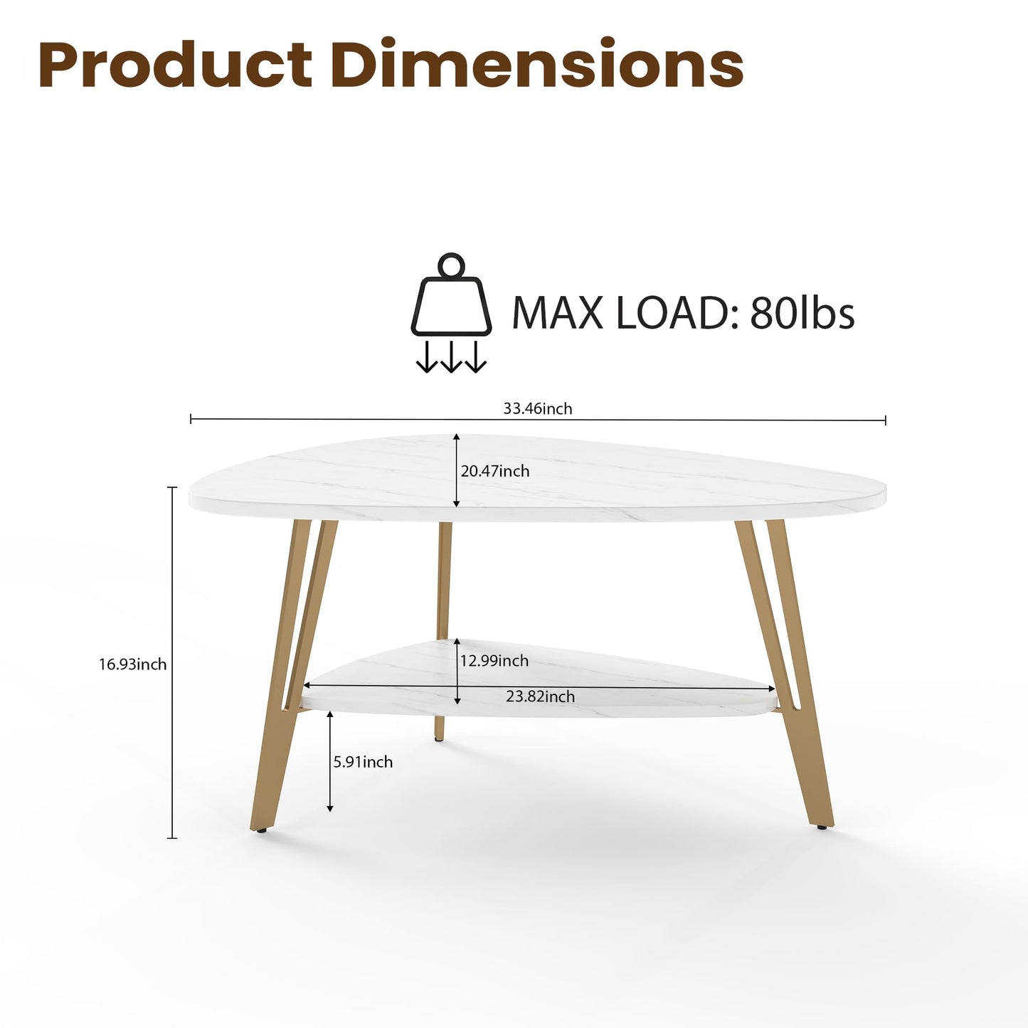 MWOOD Triangle Coffee Table, 33.5″‌ Mordern Center Table with Marble-Patterned Top&Golden Leg, Extra Storage Shelf for Living Room, Apartment(White&Gold)