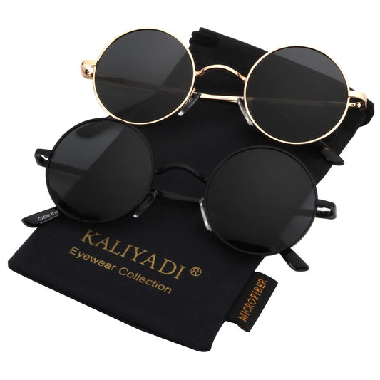 KALIYADI Round Polarized Sunglasses for Men Women Retro Metal Hippie Circle Style Sun Glasses UV Protection (2 Pack) 47mm
