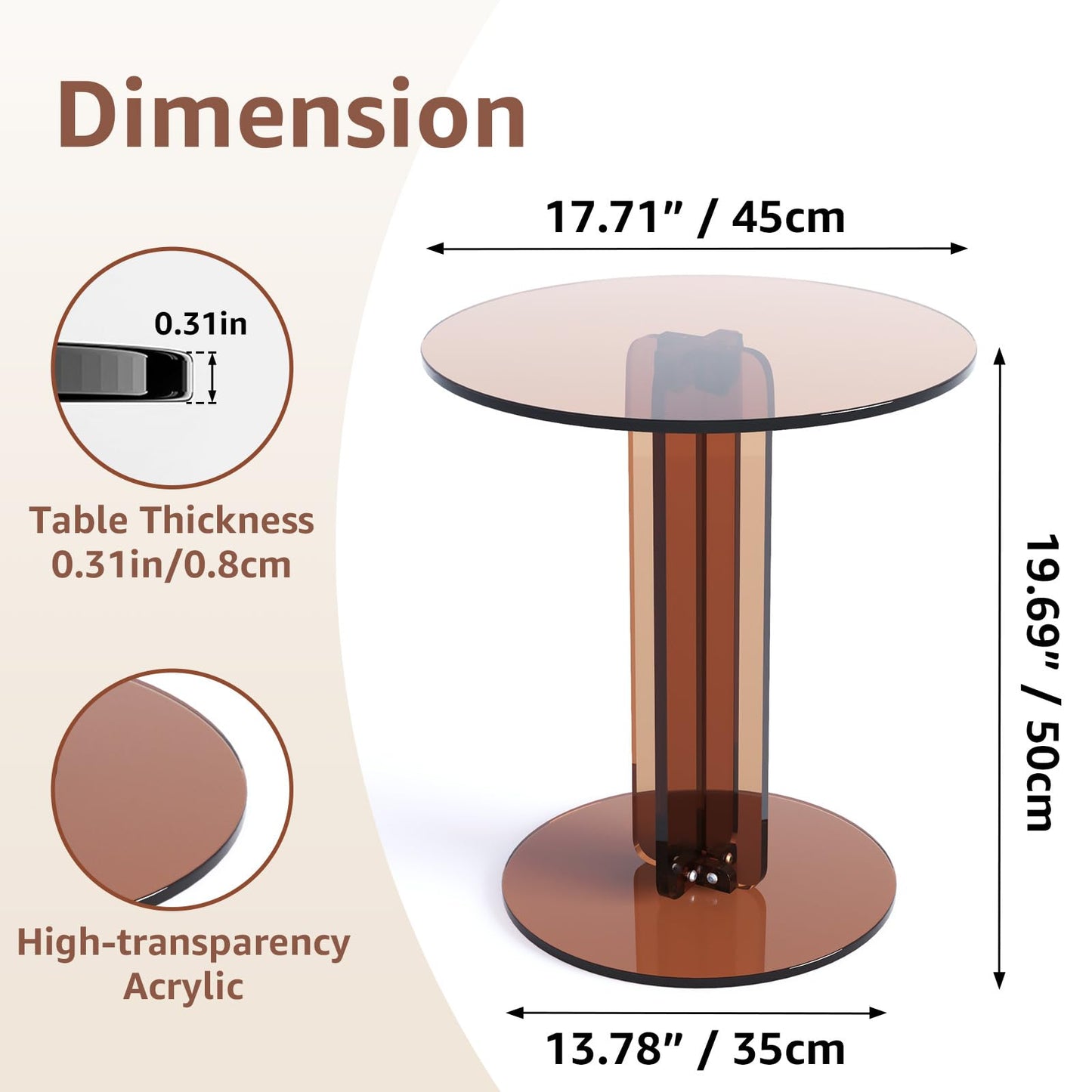 Klippehop Round Acrylic Side Table, Modern Accent End Table, Minimalist Bedside Night Stand, Small Coffee Tables for Living Room Office Bedroom Indoor Home Decor, Brown